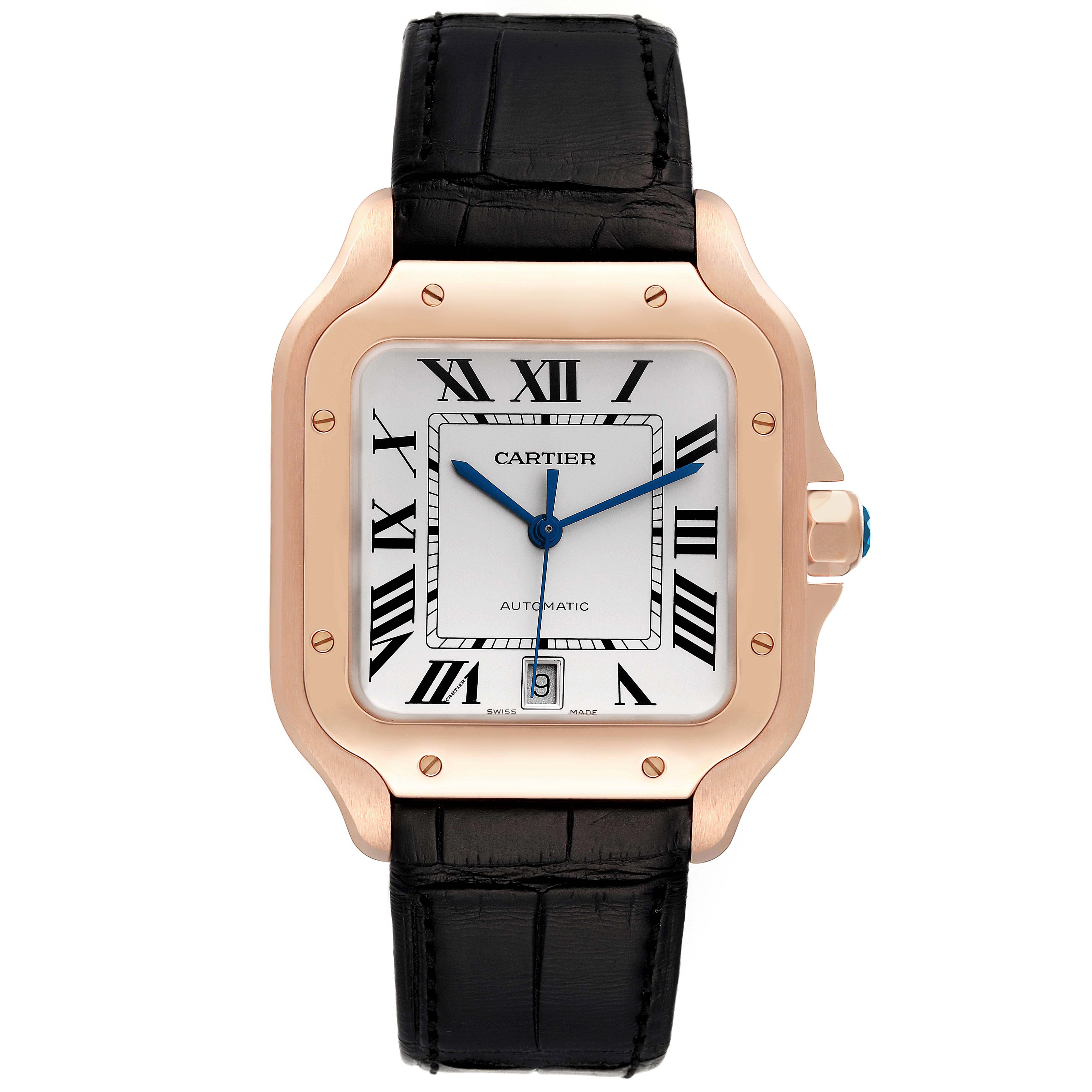 This image shows a Cartier Santos WGSA0011 Men's Rose Gold Silver Dial WGSA0011 Men's Rose Gold Silver Dial model watch from the front, displaying the face, bezel, and part of the strap.