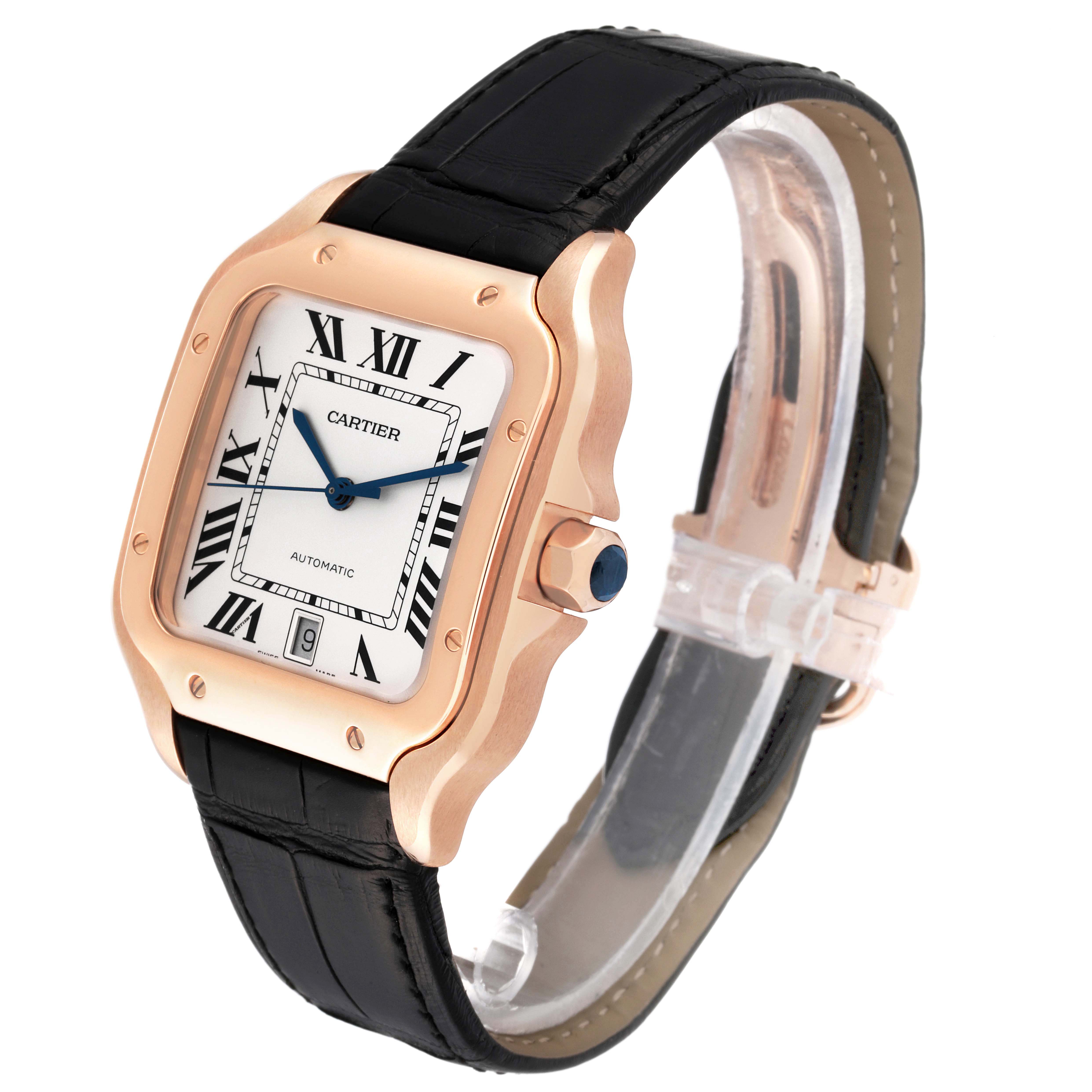 The Cartier Santos WGSA0011 Men's Rose Gold Silver Dial WGSA0011 Men's Rose Gold Silver Dial watch is shown in a three-quarter view, highlighting the face, bezel, and black leather strap.