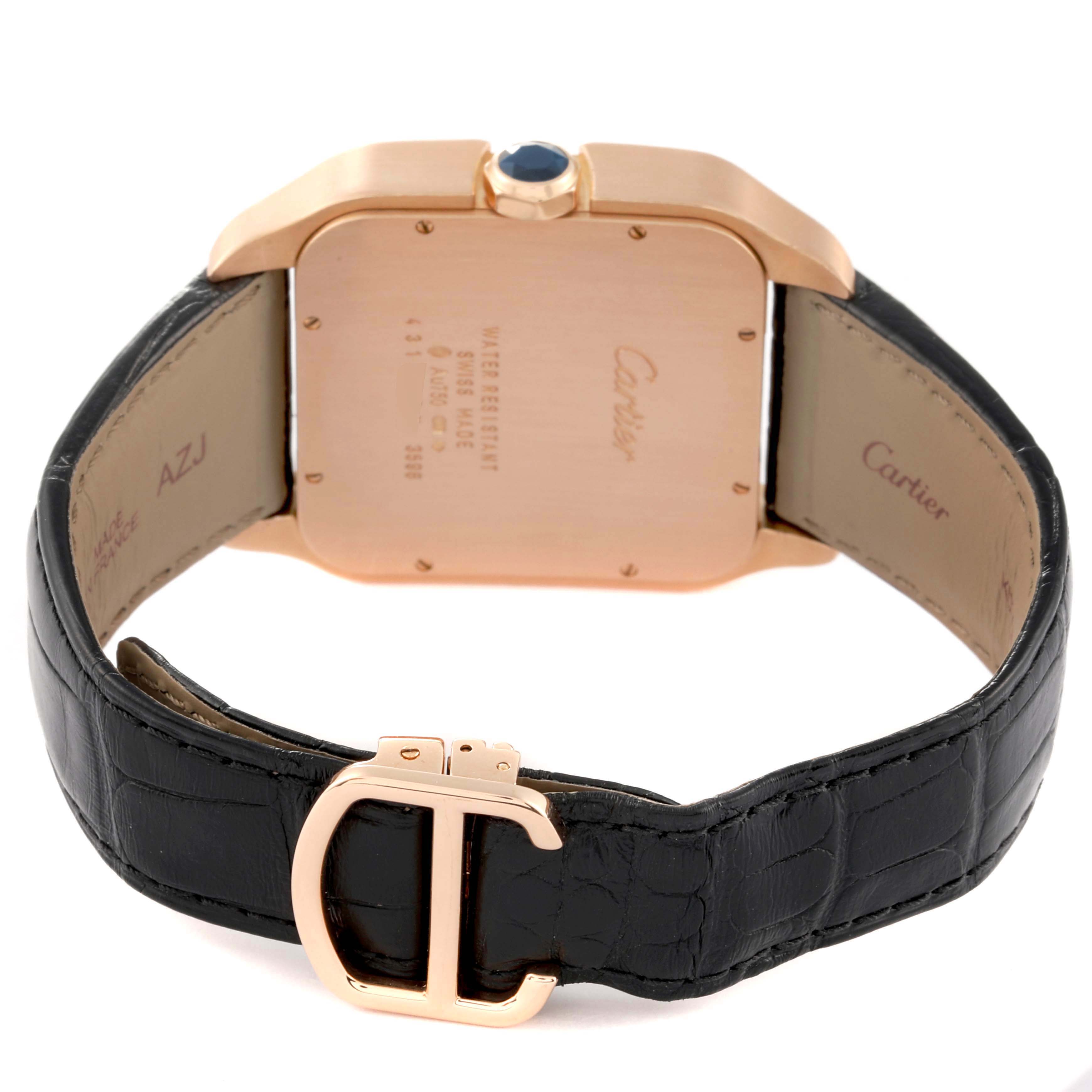 The image shows the back view of a Santos Dumont watch by Cartier, highlighting the leather strap, case back, and buckle.