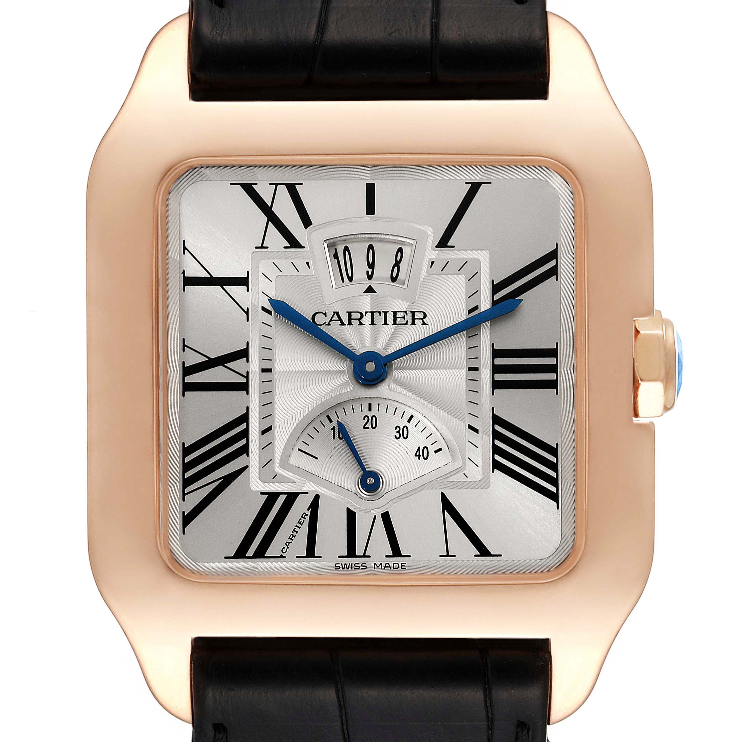 This image shows a close-up front view of the Cartier Santos Dumont W2020067 Men's Rose Gold Silver Dial W2020067 Men's Rose Gold Silver Dial watch face, including the case, dial, hands, and strap attachment.