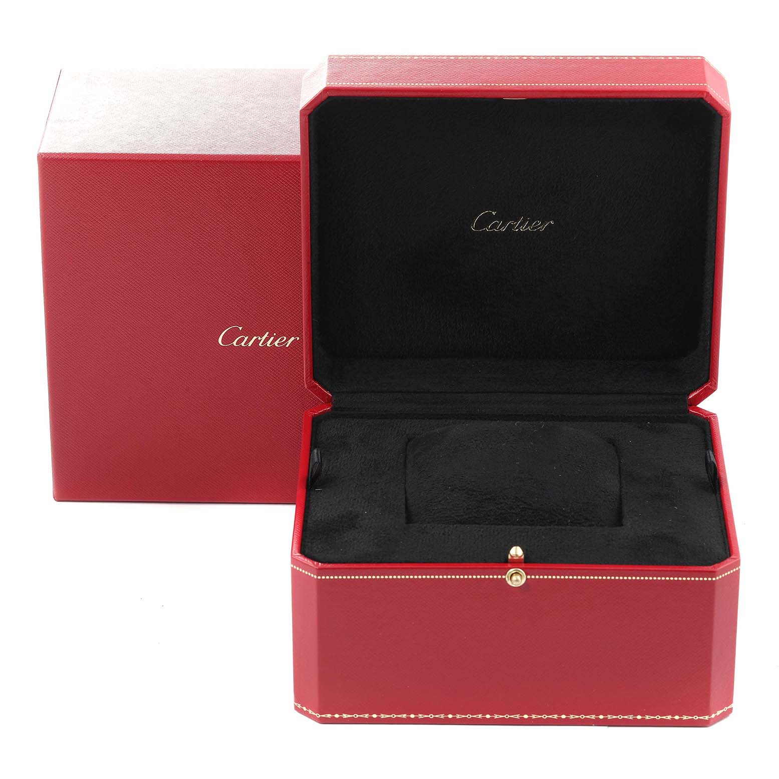 The image shows an opened red Cartier watch box for the Santos Dumont model, with the Cartier logo inside.