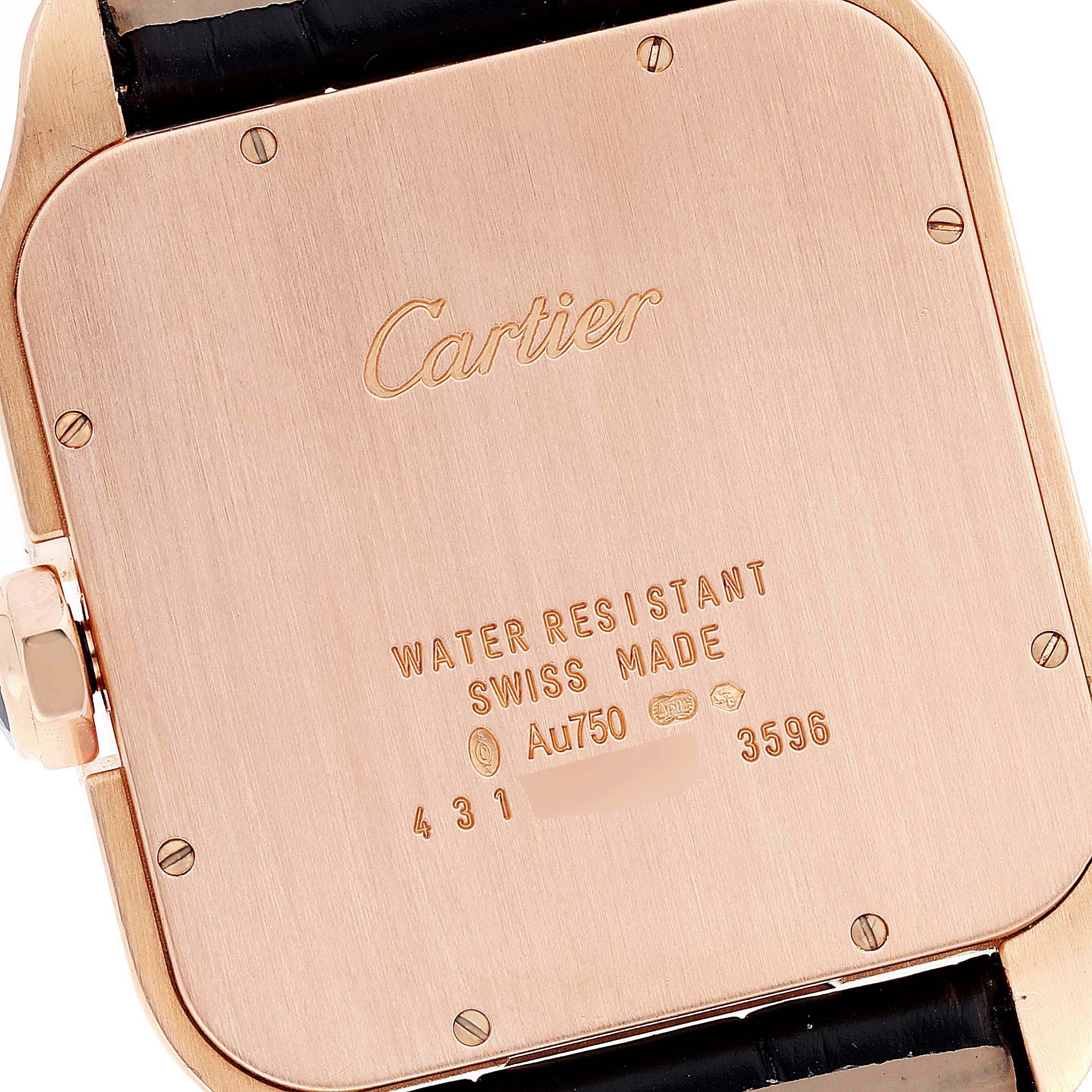 The image shows the case back of the Santos Dumont model by Cartier, viewed from the back.
