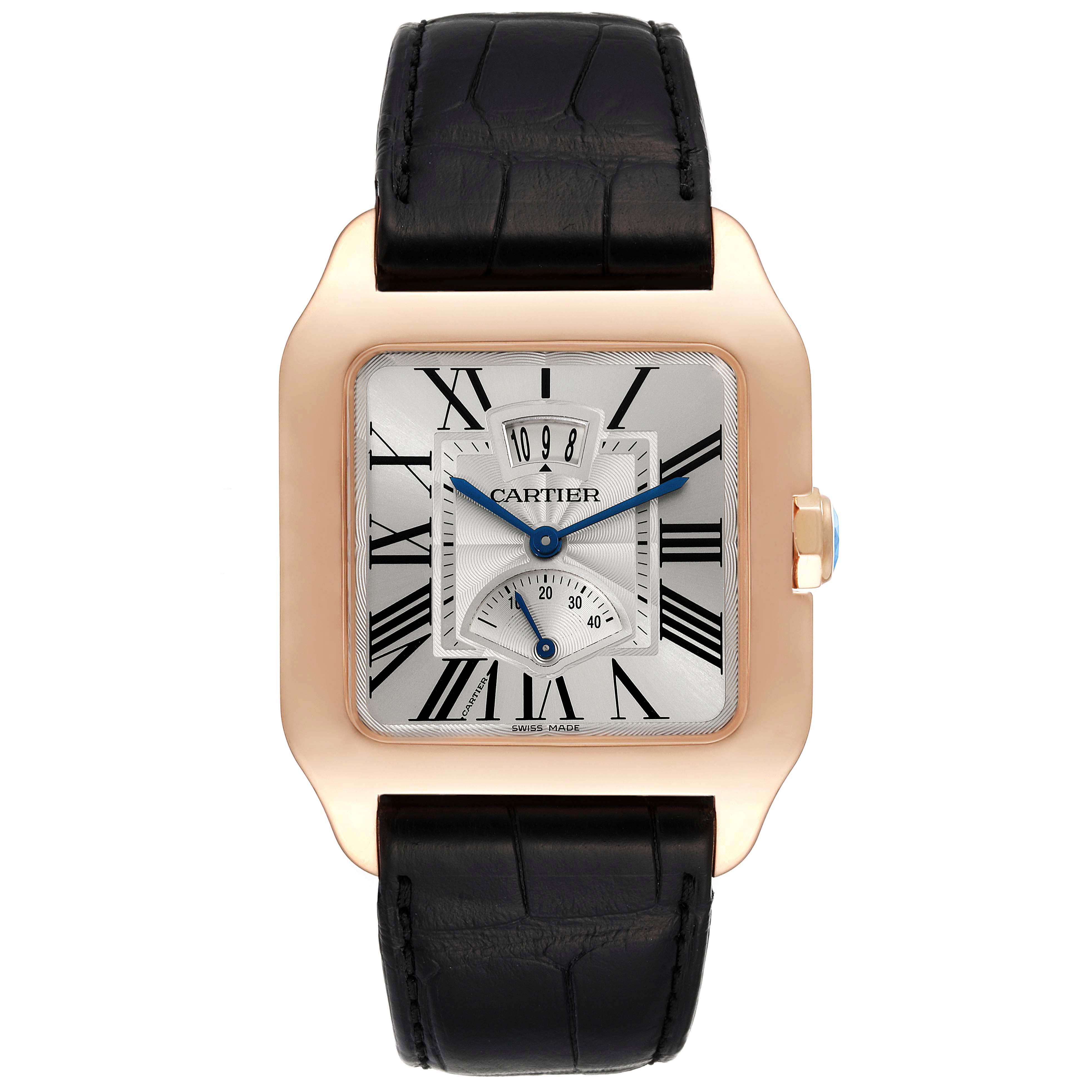 This image shows a frontal view of the Cartier Santos Dumont W2020067 Men's Rose Gold Silver Dial W2020067 Men's Rose Gold Silver Dial watch, featuring a square dial and black leather strap.