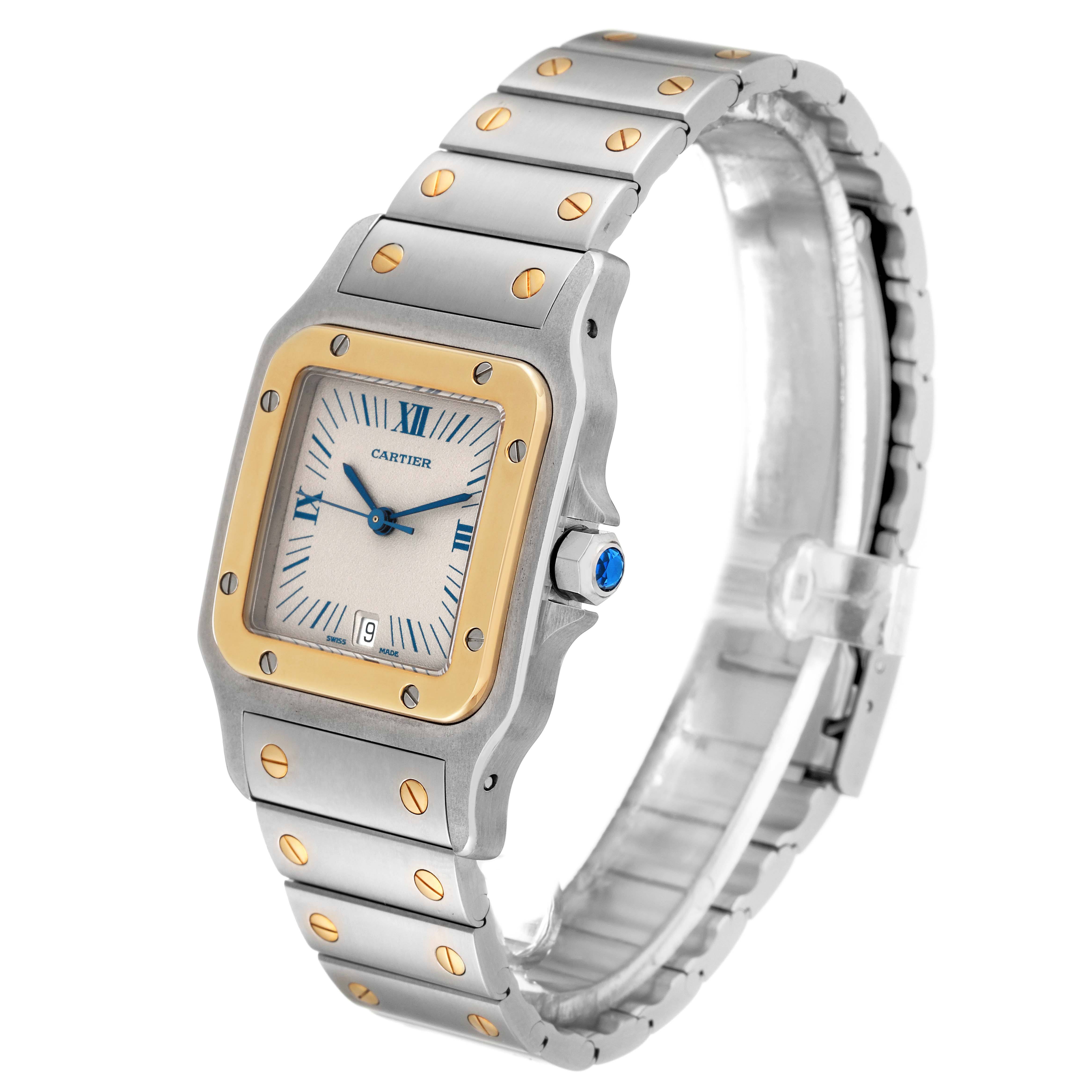 The image shows a side angle view of the Cartier Santos 187901 Men's Steel and Gold (two tone) White Dial 187901 Men's Steel and Gold (two tone) White Dial watch, highlighting the face, bezel, and bracelet.
