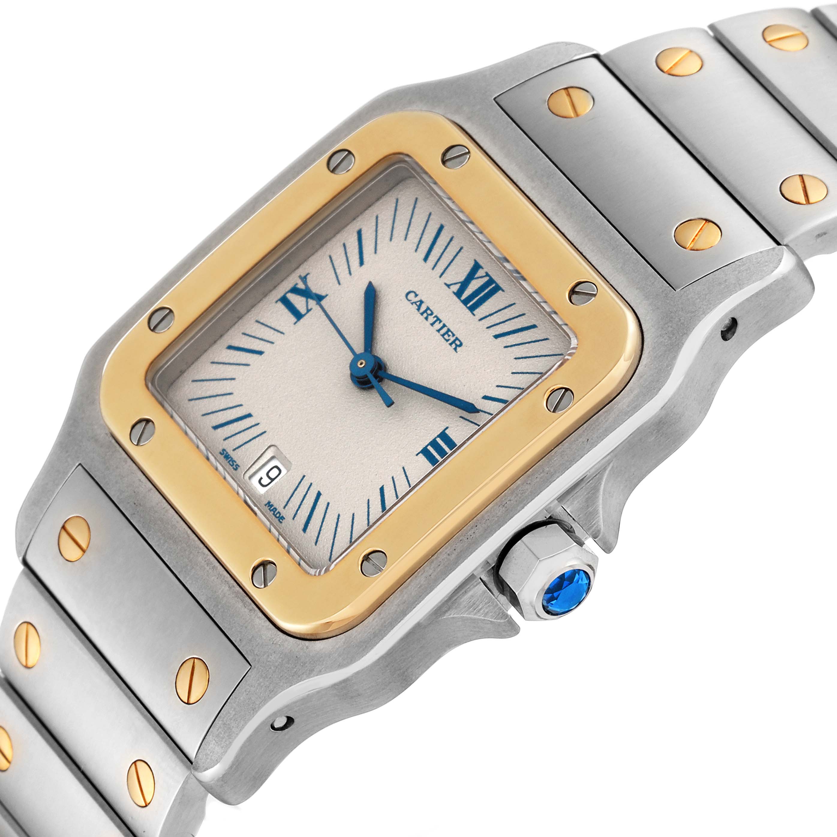 This image shows a close-up of the Cartier Santos 187901 Men's Steel and Gold (two tone) White Dial 187901 Men's Steel and Gold (two tone) White Dial watch face, bezel, crown, and part of the metal bracelet.