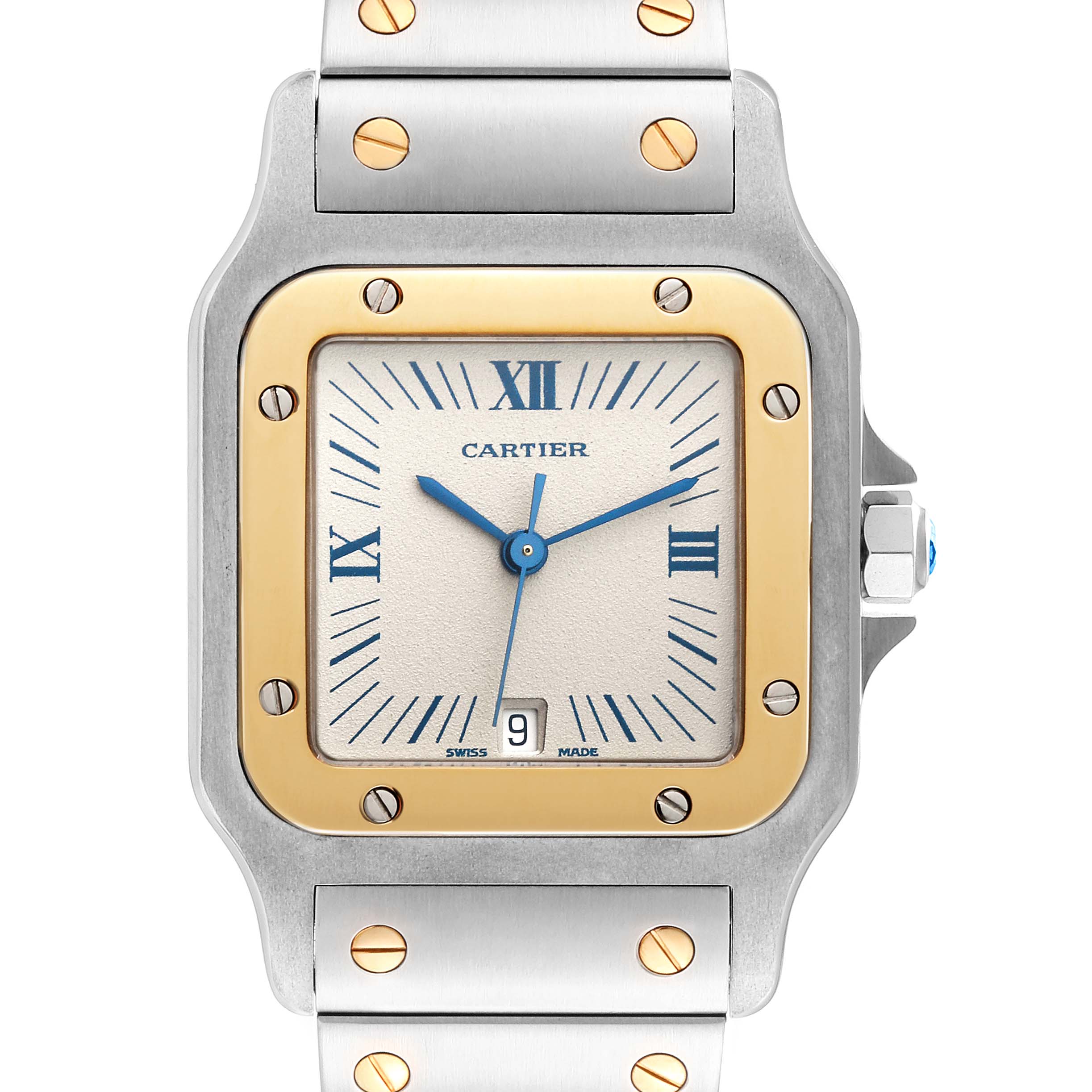 The image shows a close-up of the Cartier Santos 187901 Men's Steel and Gold (two tone) White Dial 187901 Men's Steel and Gold (two tone) White Dial watch dial, bezel, and part of the bracelet.