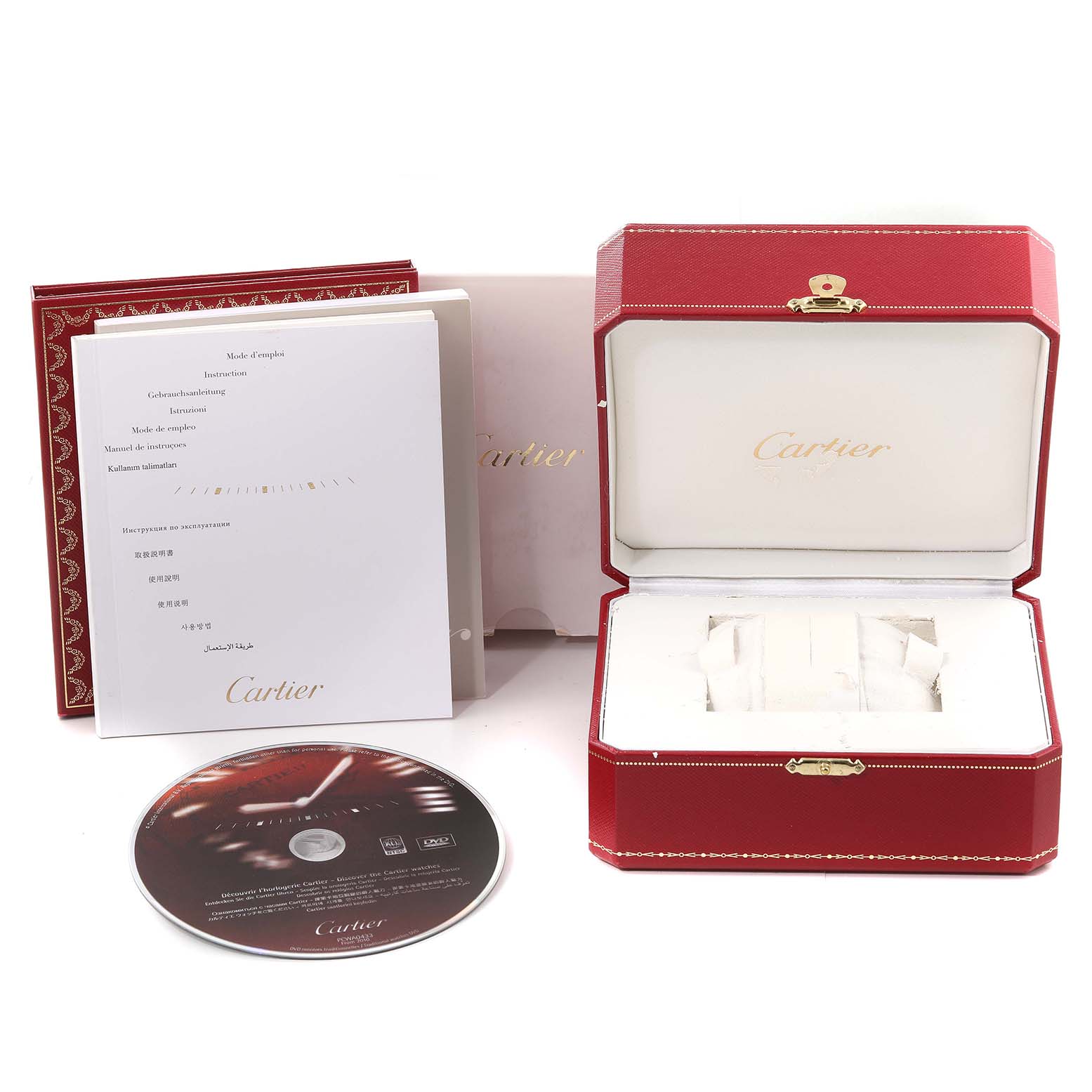 This image shows the packaging, manuals, and disc for a Cartier Santos 187901 Men's Steel and Gold (two tone) White Dial 187901 Men's Steel and Gold (two tone) White Dial watch with an open red and white box.