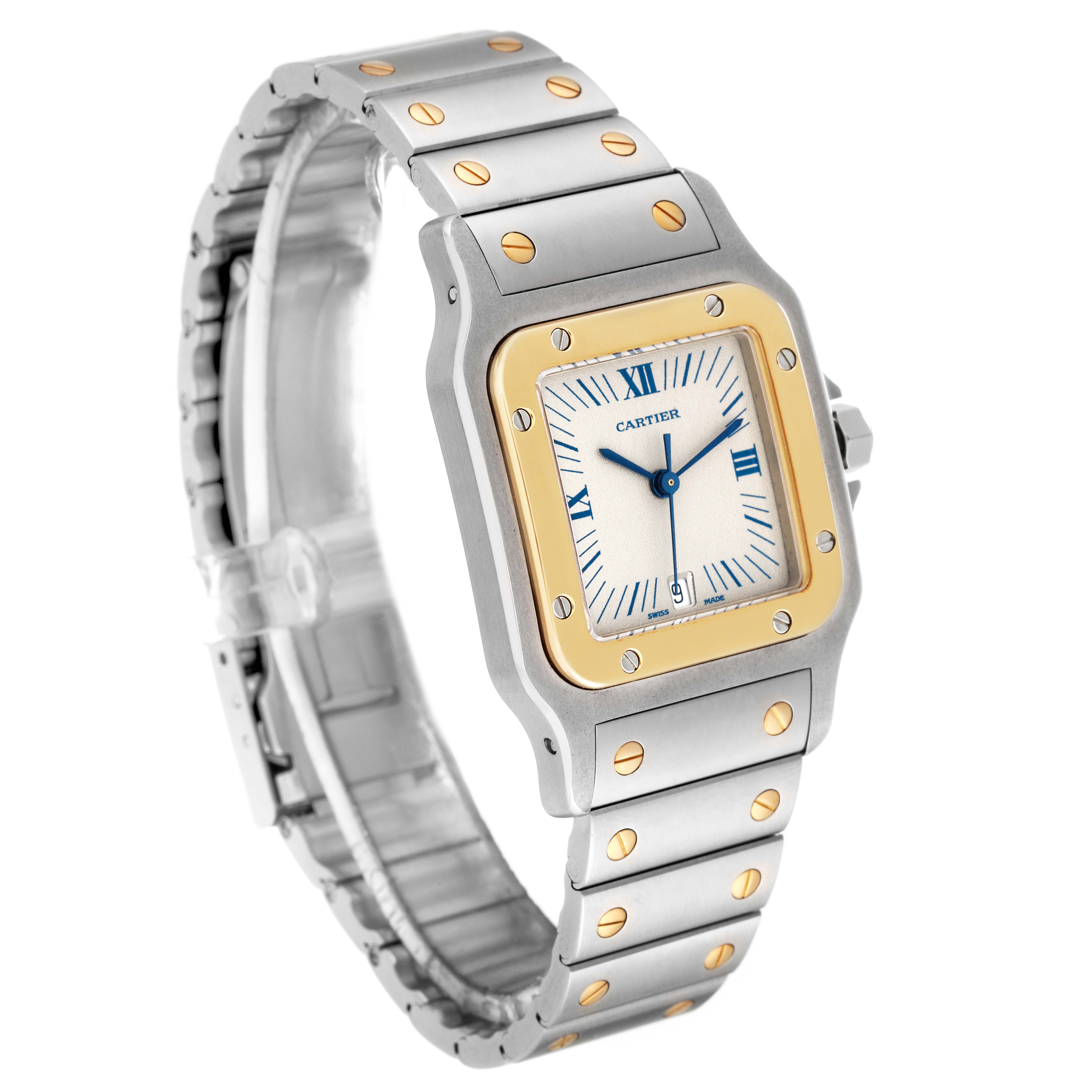 This image shows a front and angled view of the Cartier Santos 187901 Men's Steel and Gold (two tone) White Dial 187901 Men's Steel and Gold (two tone) White Dial watch, highlighting its face, bezel, and bracelet.