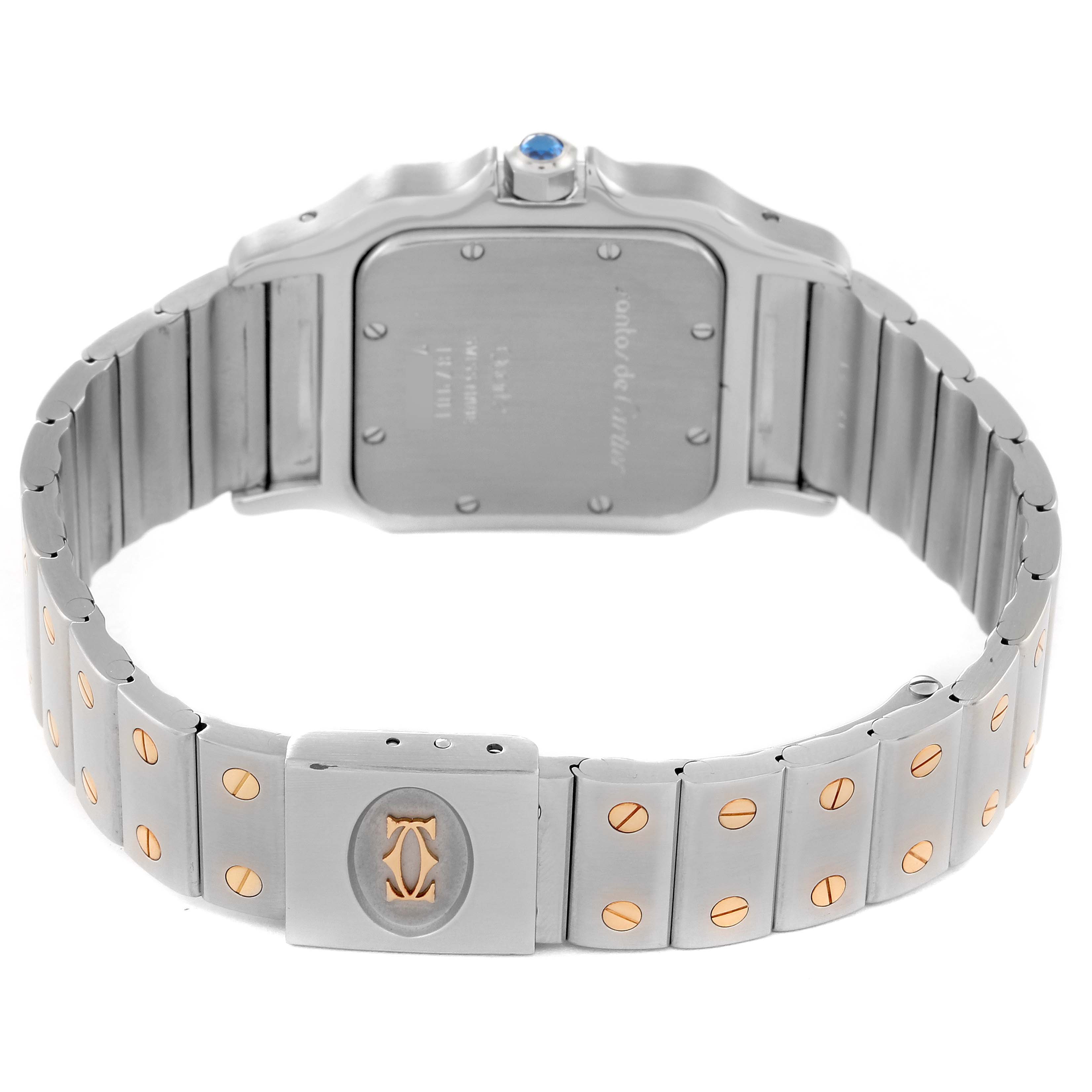 The image shows the back and bracelet clasp of a Cartier Santos 187901 Men's Steel and Gold (two tone) White Dial 187901 Men's Steel and Gold (two tone) White Dial watch, emphasizing the logo and screw details.