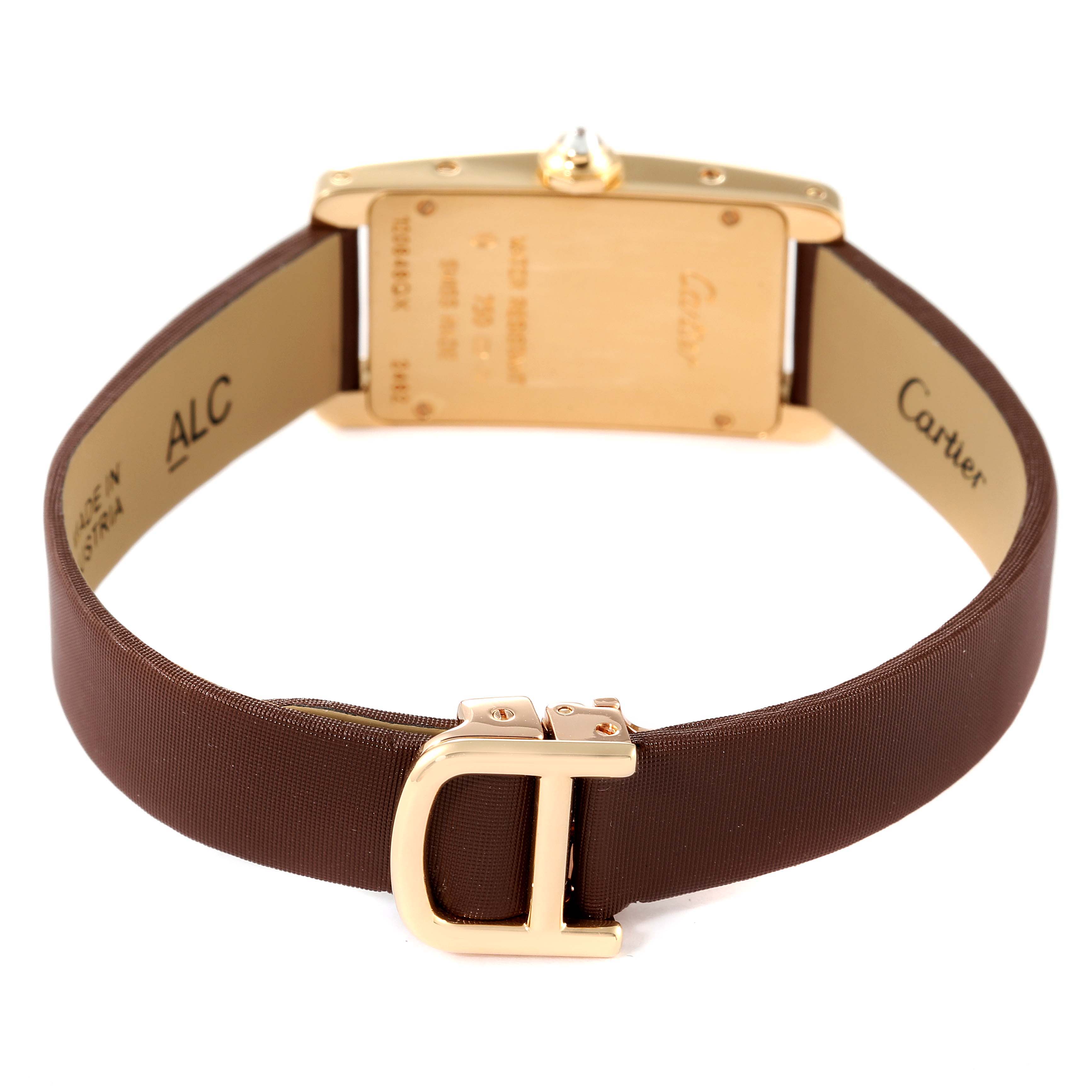 This image shows the back view of a Tank Américaine model by Cartier, highlighting the watch case, strap, and buckle.