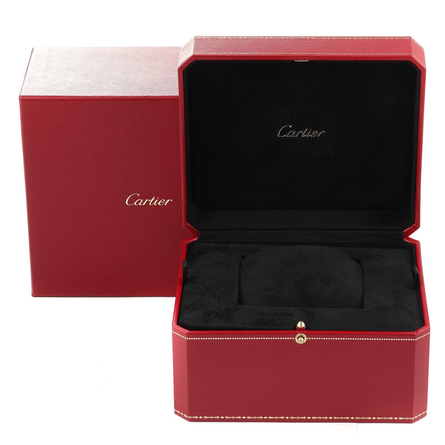 The image shows an open Cartier Tank Americaine WB707231 Women's Yellow Gold Silver Dial WB707231 Women's Yellow Gold Silver Dial watch box from the front, displaying its red exterior and black interior.