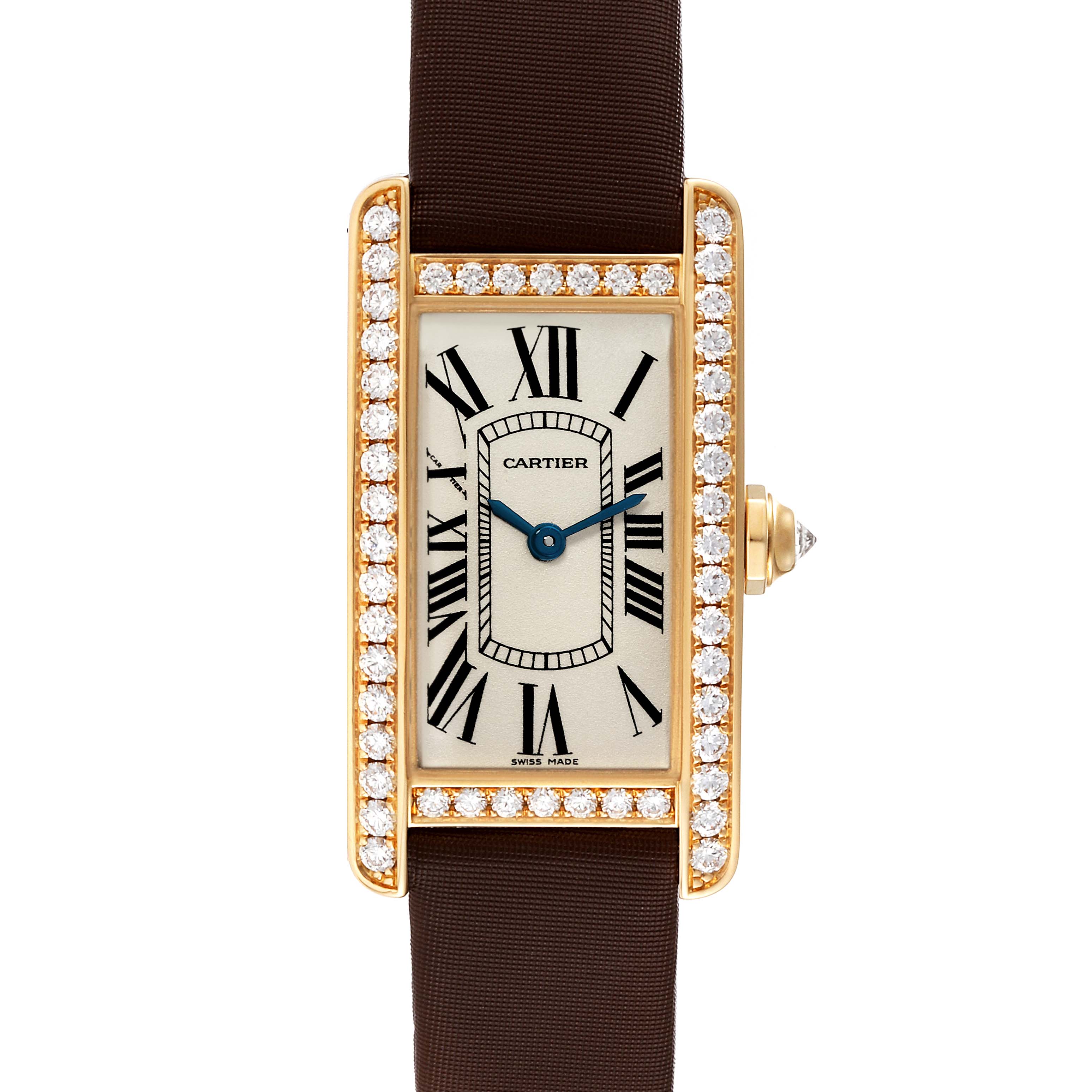 This image shows a front view of a Cartier Tank Americaine WB707231 Women's Yellow Gold Silver Dial WB707231 Women's Yellow Gold Silver Dial watch, displaying the face, bezel encrusted with diamonds, crown, and strap.