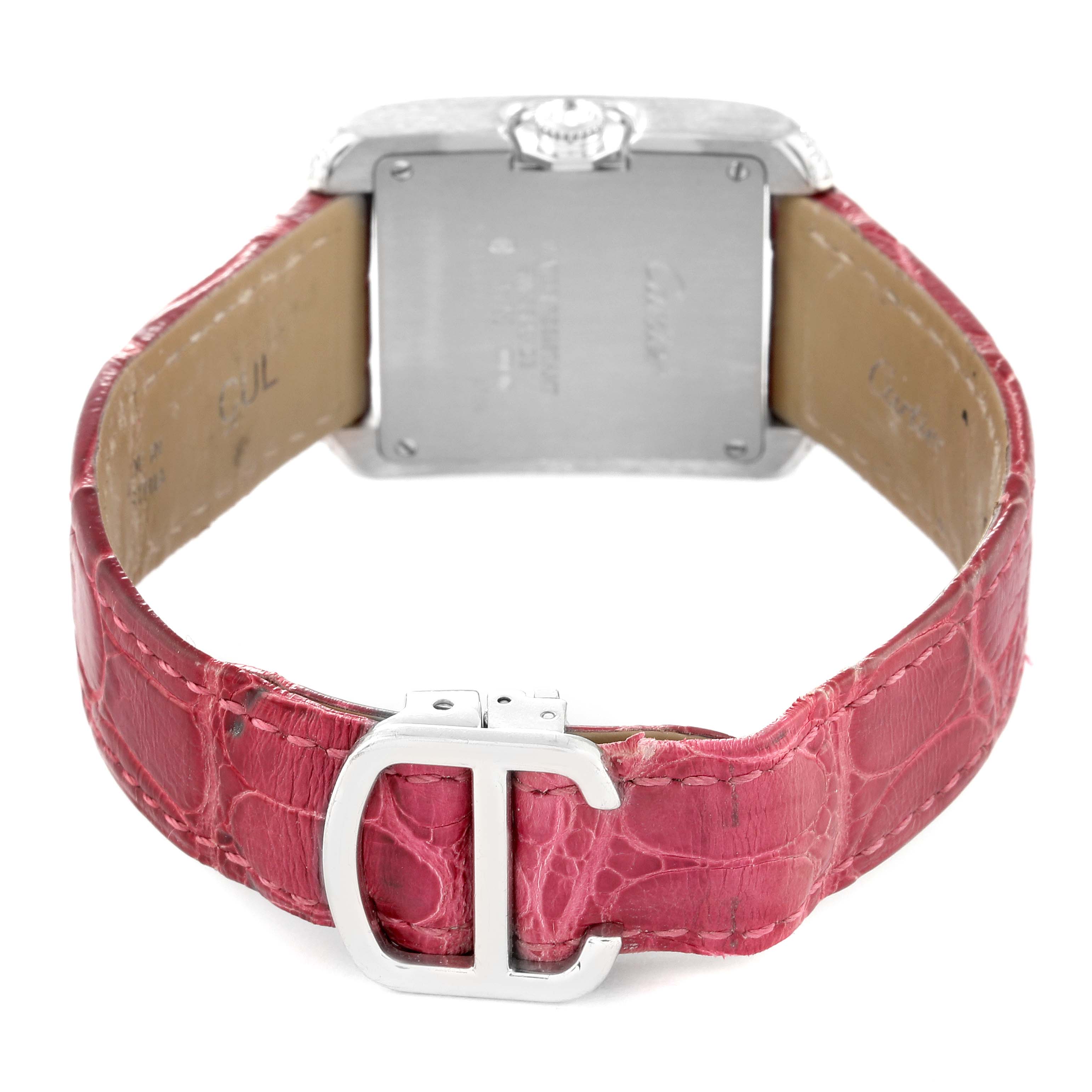 The image shows the back and buckle of a Cartier Tank Anglaise WT100030 Women's White Gold Silver Dial WT100030 Women's White Gold Silver Dial watch with a pink alligator leather strap.