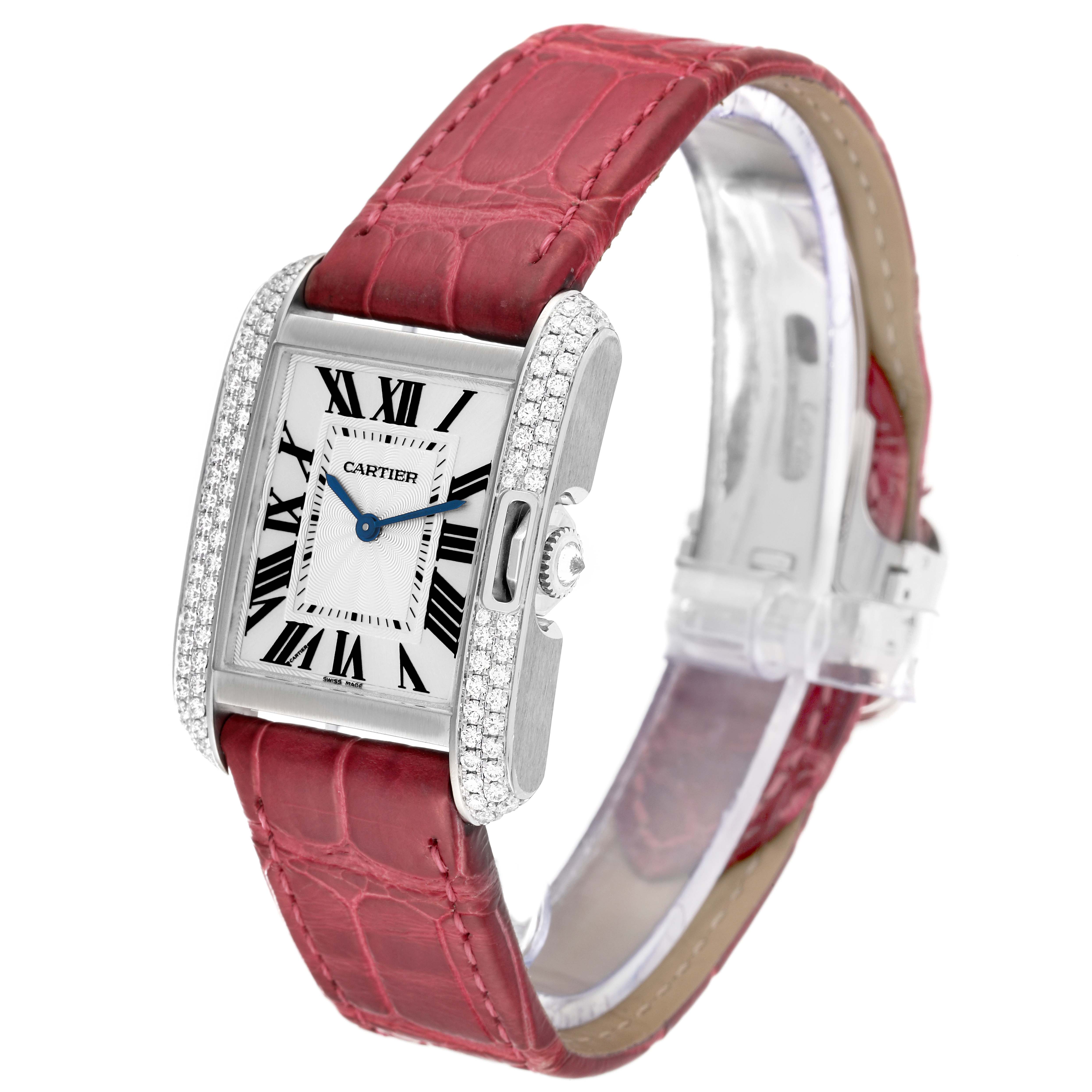 The image shows a Cartier Tank Anglaise WT100030 Women's White Gold Silver Dial WT100030 Women's White Gold Silver Dial watch at a three-quarter angle, highlighting its red strap, rectangular dial, and diamond-encrusted case.