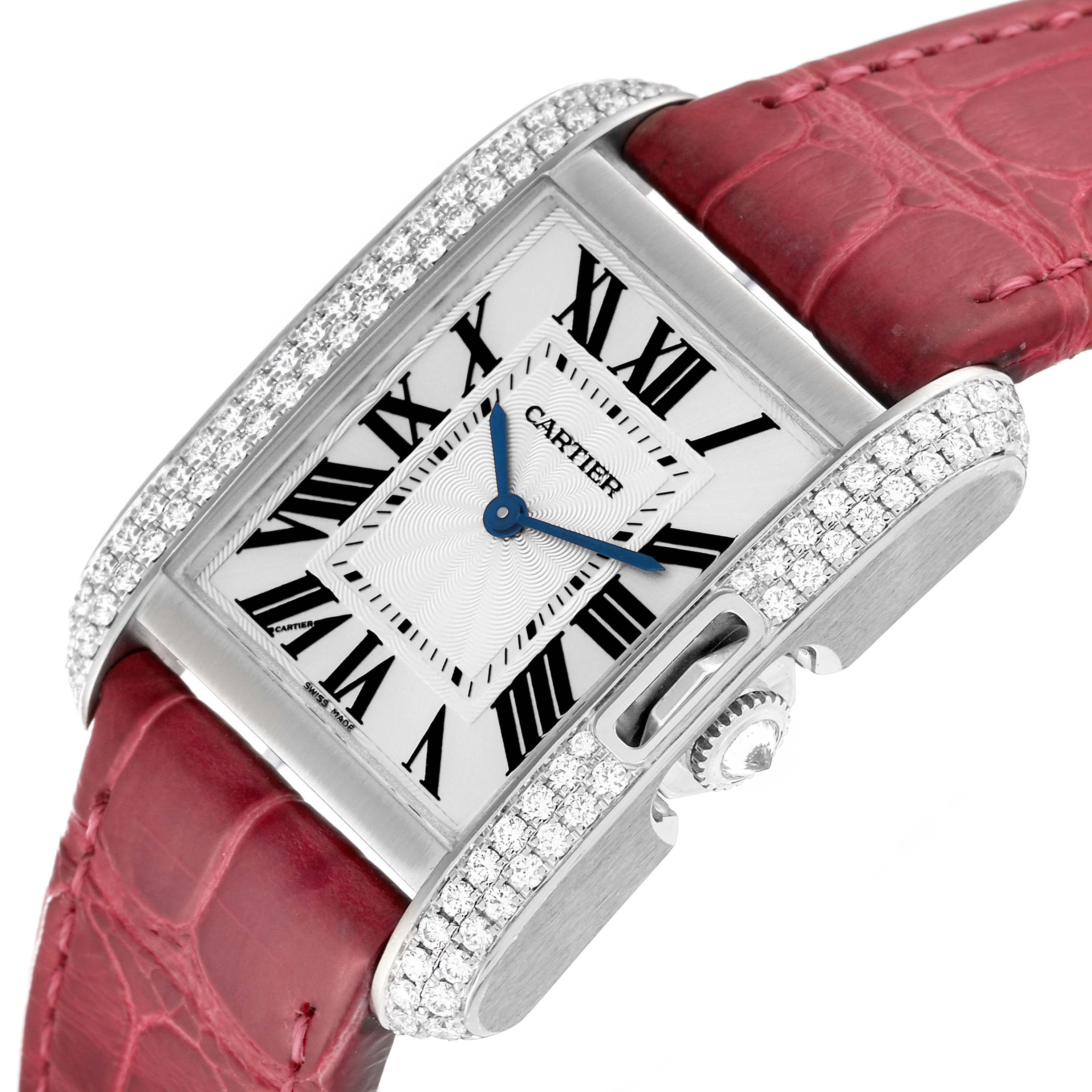 This image shows a close-up angle of the Cartier Tank Anglaise WT100030 Women's White Gold Silver Dial WT100030 Women's White Gold Silver Dial watch, highlighting the face, crown, and red strap.