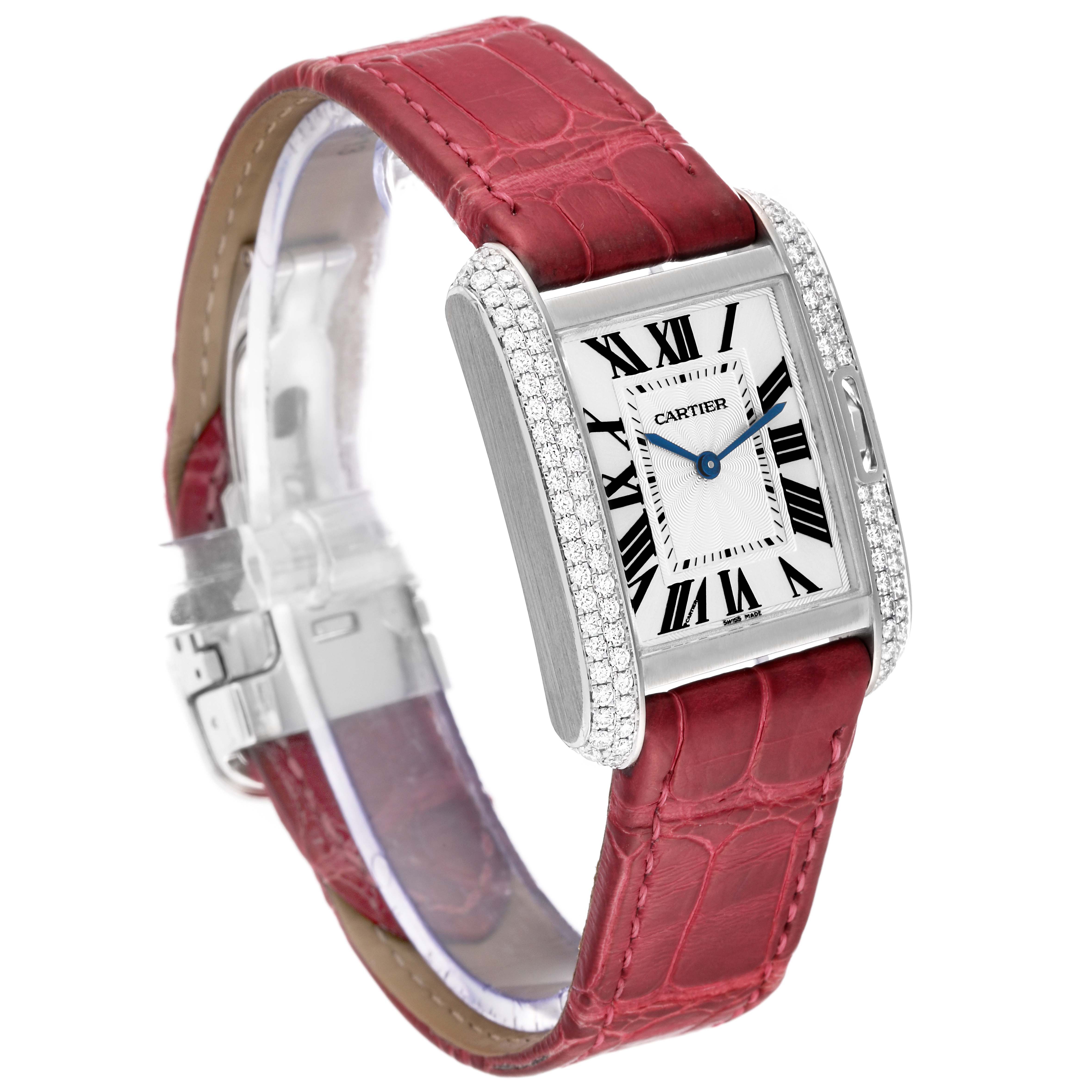 The image shows a Cartier Tank Anglaise WT100030 Women's White Gold Silver Dial WT100030 Women's White Gold Silver Dial watch at a slight angle, displaying its face, casing, and red leather strap.