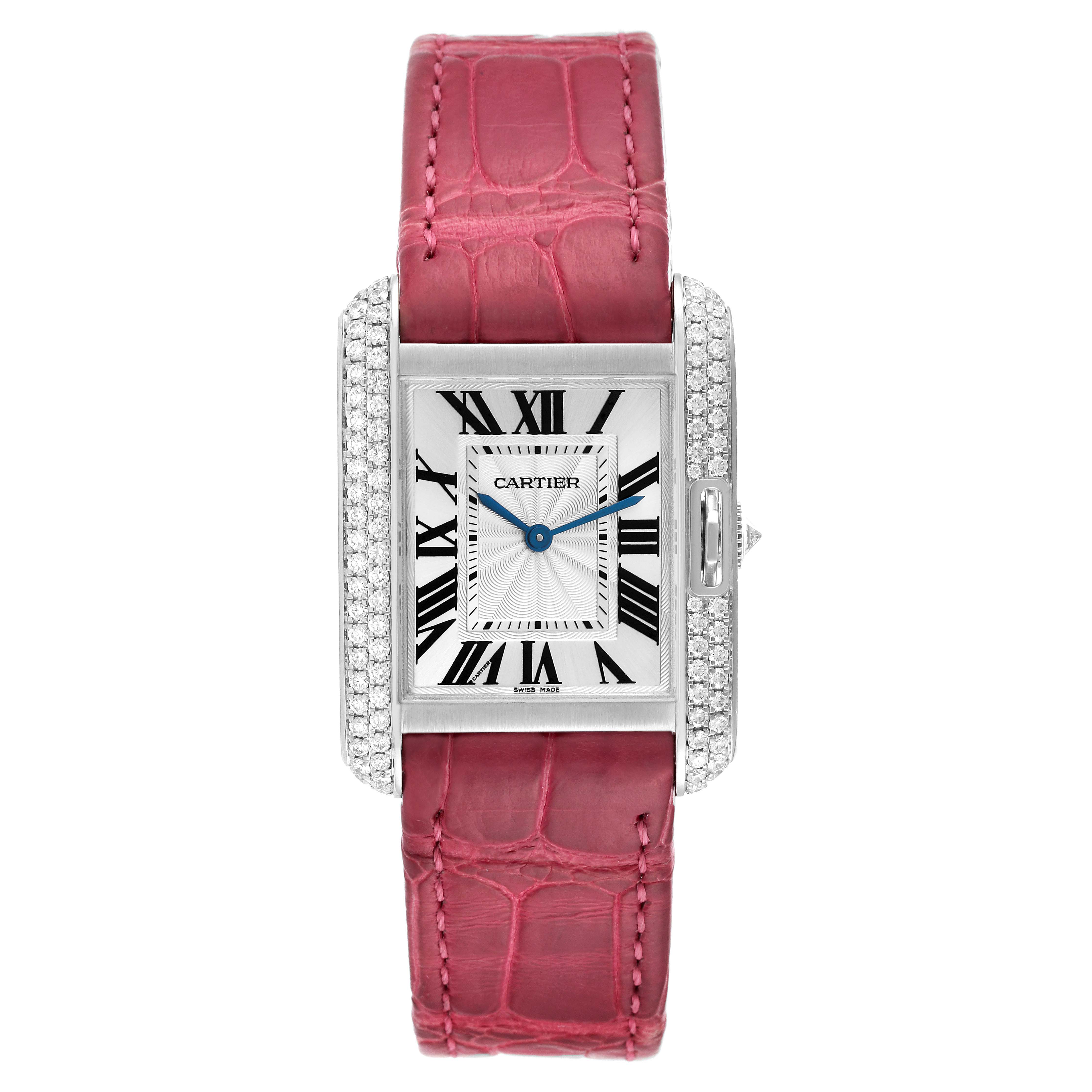 This image shows a Cartier Tank Anglaise WT100030 Women's White Gold Silver Dial WT100030 Women's White Gold Silver Dial watch with a rectangular face, Roman numerals, a white dial, and a pink leather strap.