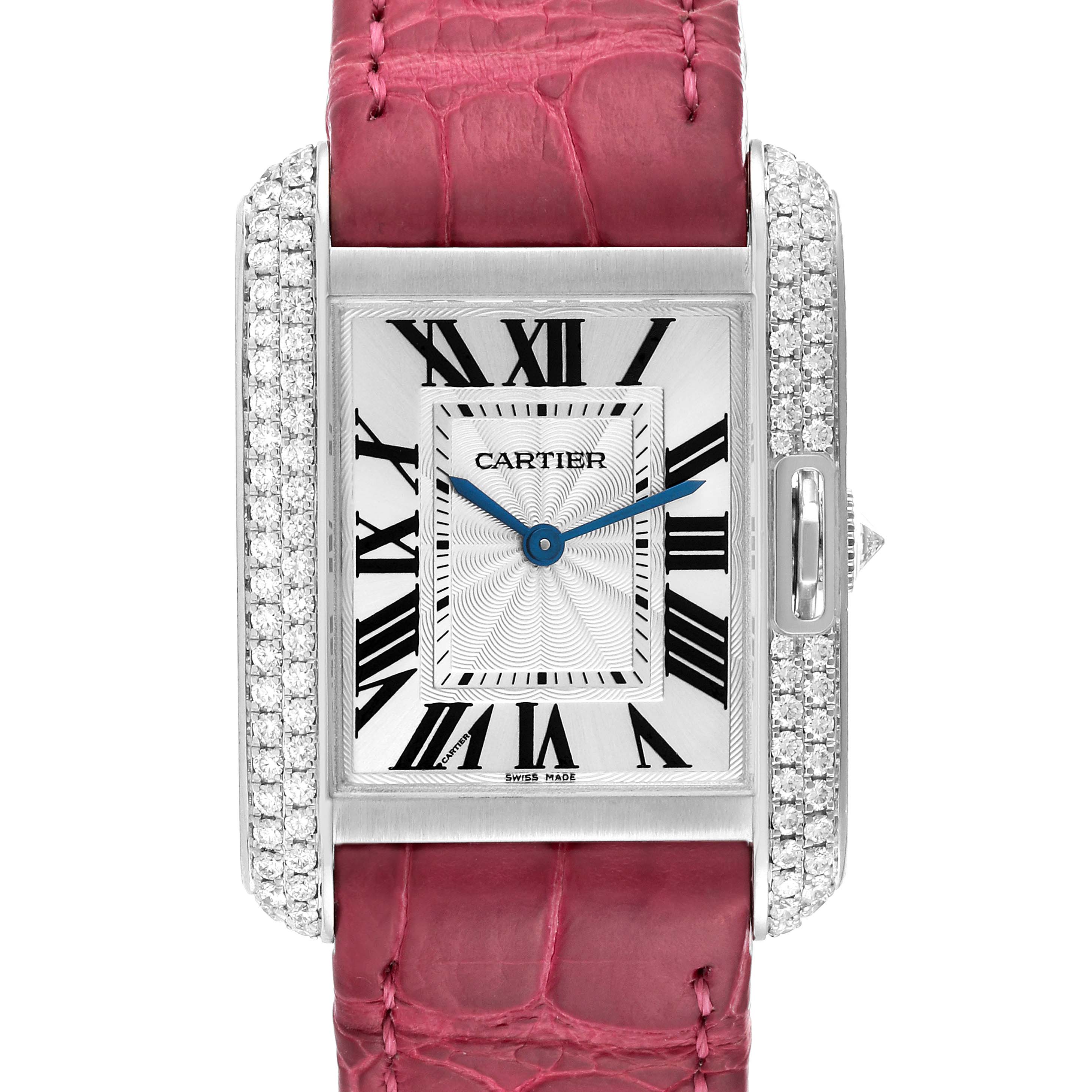 The image shows a frontal view of the Cartier Tank Anglaise WT100030 Women's White Gold Silver Dial WT100030 Women's White Gold Silver Dial watch, highlighting its rectangular dial, Roman numerals, and pink strap.