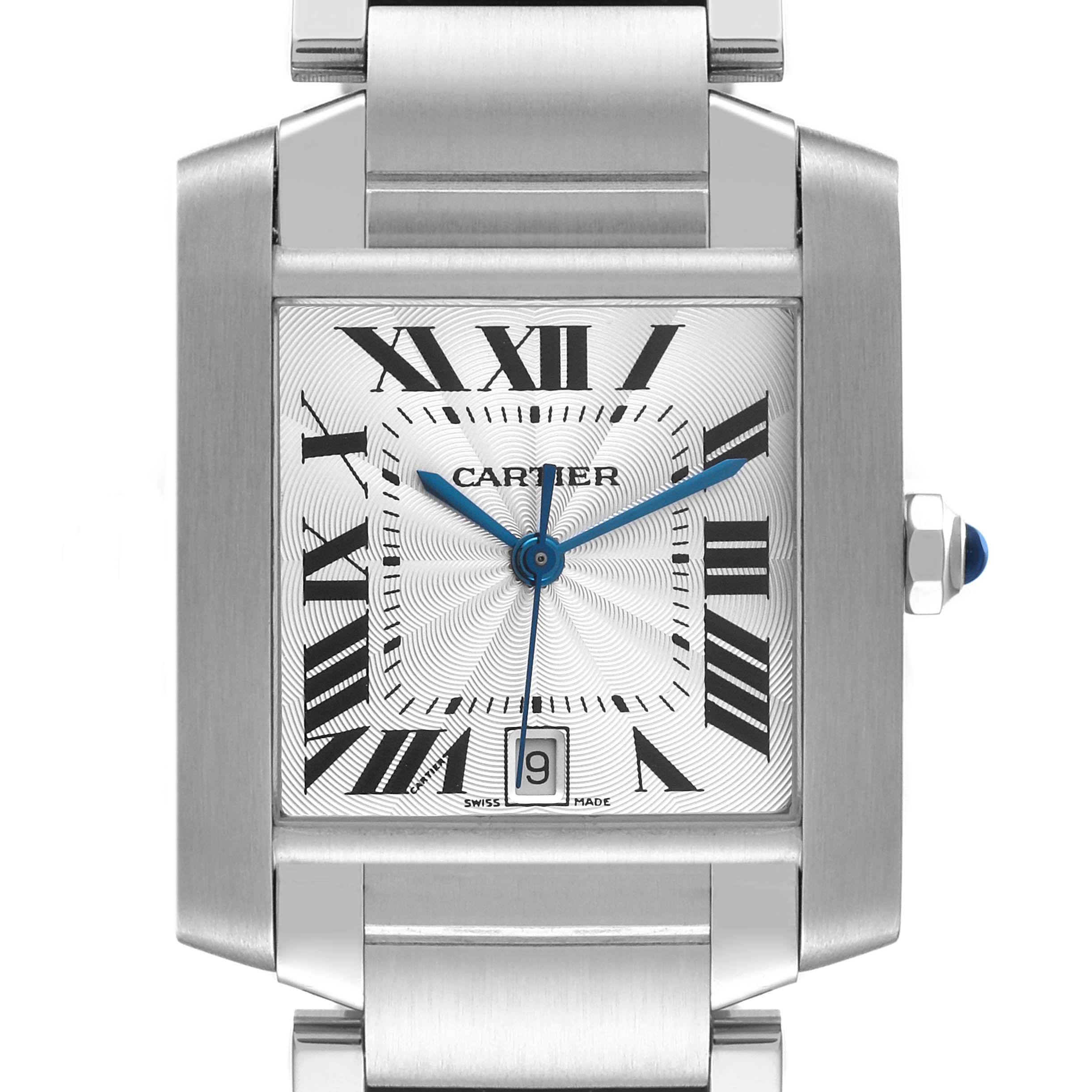 This image shows a frontal view of the Cartier Tank Francaise W51002Q3 Men's Stainless Steel Silver Dial W51002Q3 Men's Stainless Steel Silver Dial watch highlighting its face, Roman numeral markers, hands, and date window.