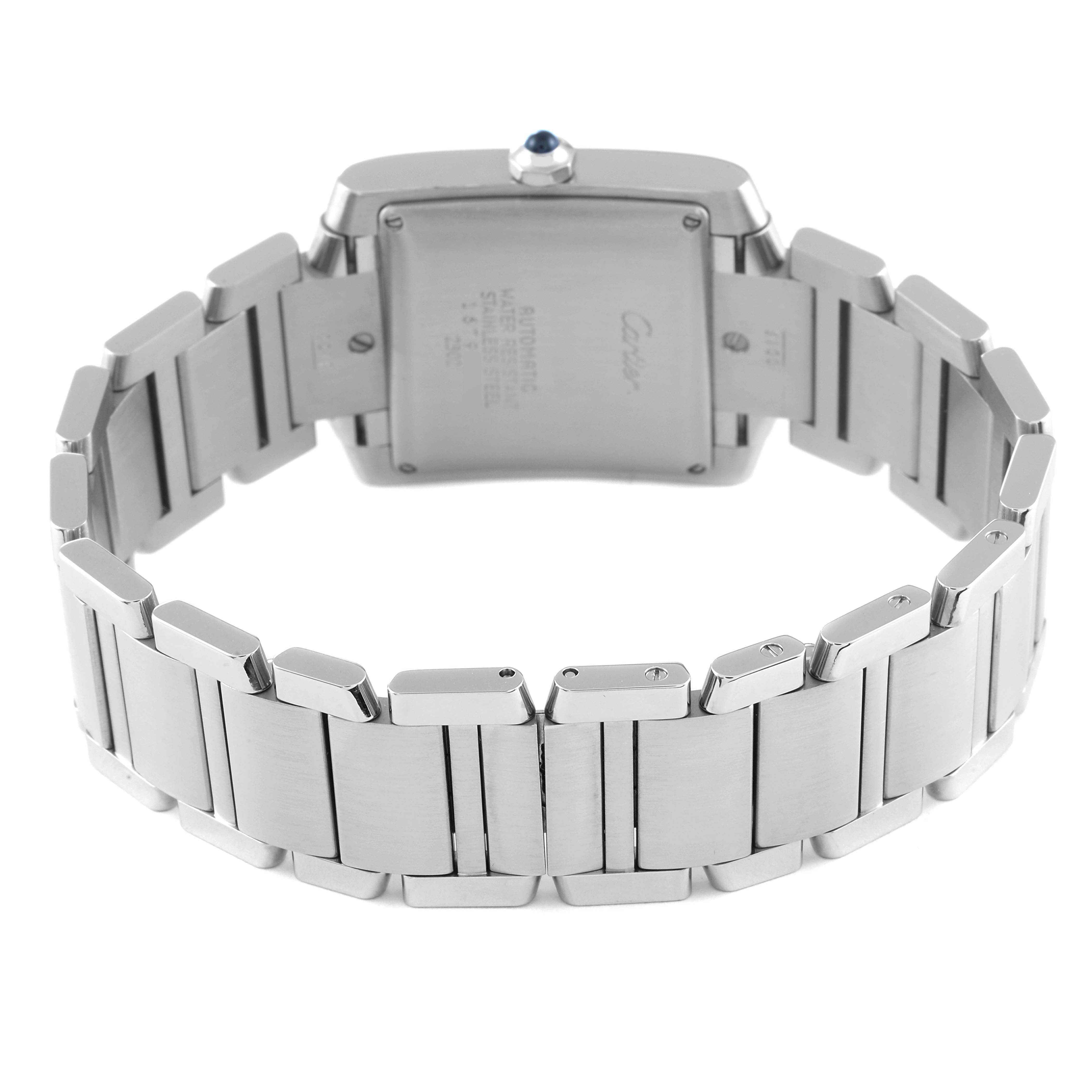 This image shows the back and bracelet of the Cartier Tank Francaise W51002Q3 Men's Stainless Steel Silver Dial W51002Q3 Men's Stainless Steel Silver Dial watch, highlighting the clasp and case back.