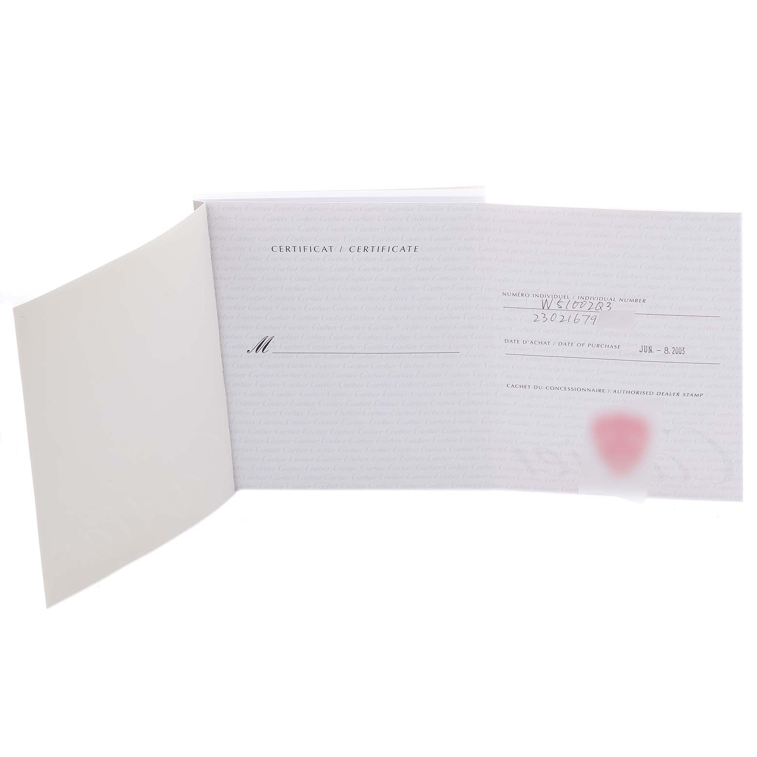 The image shows the open certificate booklet for the Cartier Tank Francaise W51002Q3 Men's Stainless Steel Silver Dial W51002Q3 Men's Stainless Steel Silver Dial model watch.