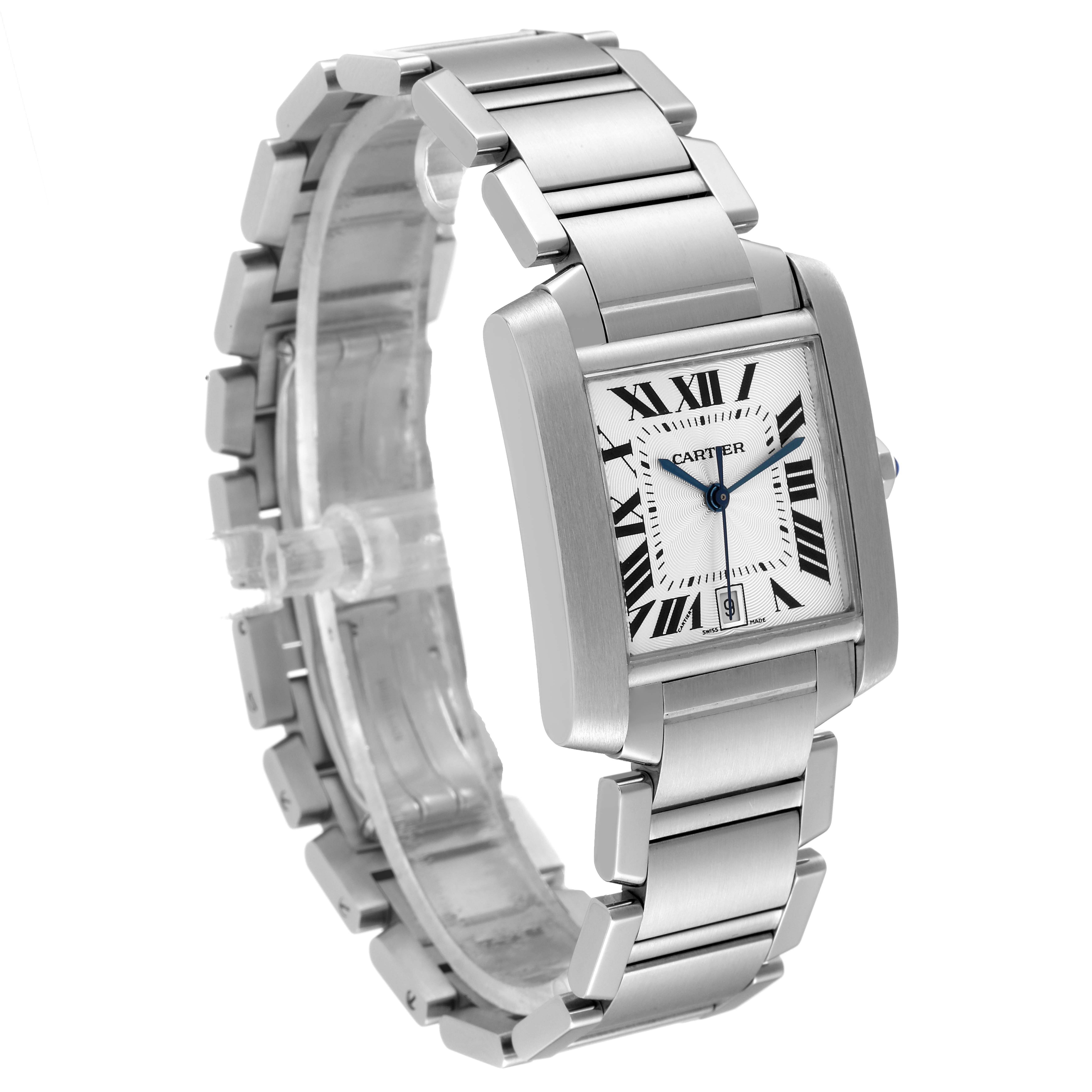 The Cartier Tank Francaise W51002Q3 Men's Stainless Steel Silver Dial W51002Q3 Men's Stainless Steel Silver Dial watch is shown at a three-quarter angle, highlighting its square dial, bracelet, and deployment clasp.