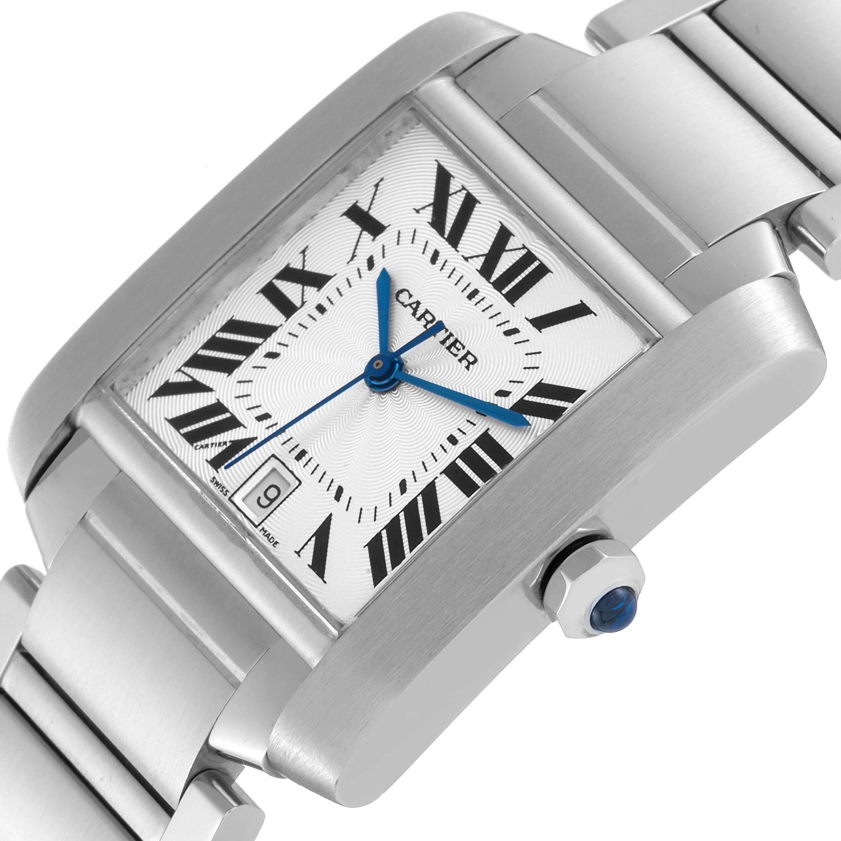 The image shows a close-up, tilted view of the Cartier Tank Francaise W51002Q3 Men's Stainless Steel Silver Dial W51002Q3 Men's Stainless Steel Silver Dial watch, highlighting its bracelet, crown, and dial.