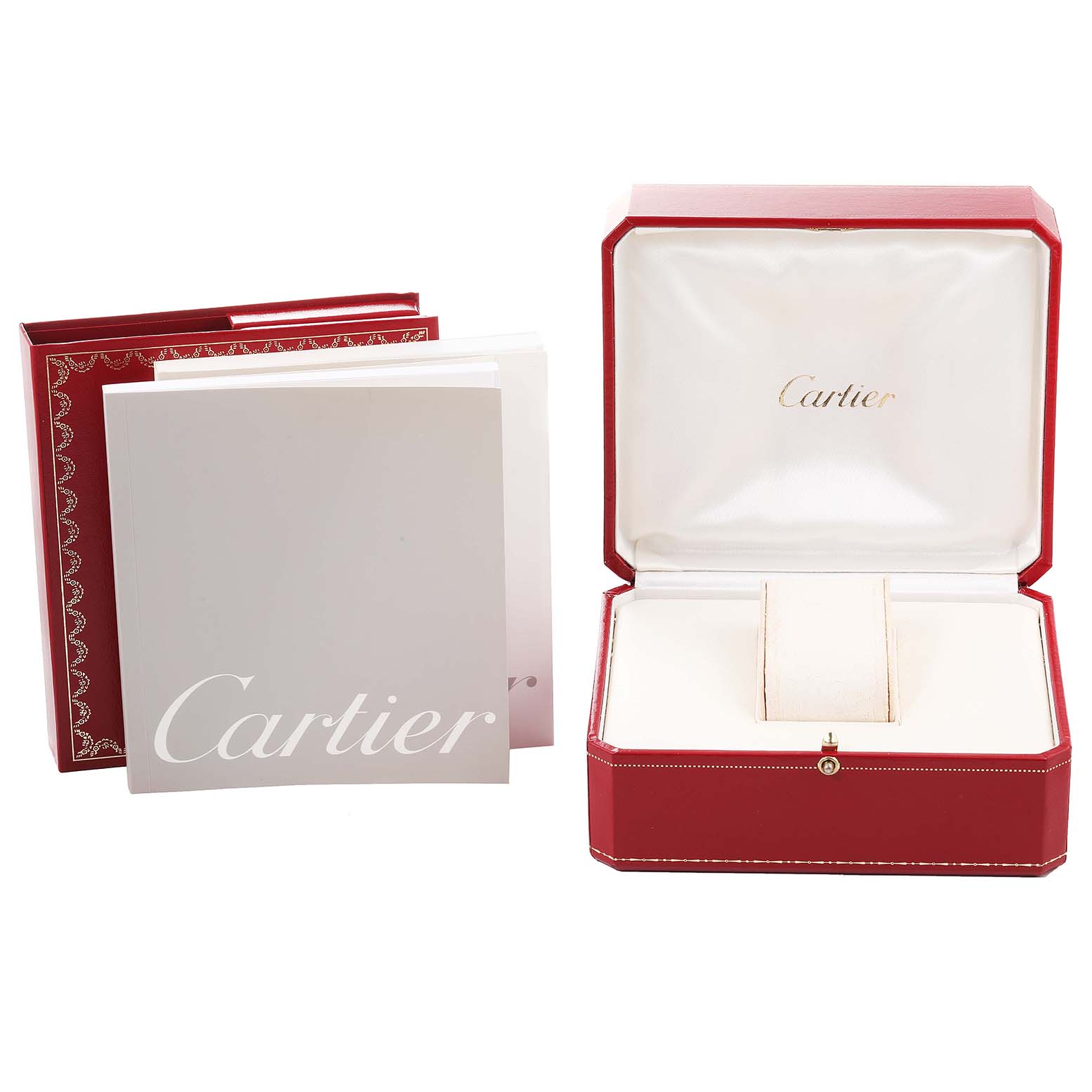 The image shows accessories for the Cartier Tank Francaise W51002Q3 Men's Stainless Steel Silver Dial W51002Q3 Men's Stainless Steel Silver Dial model, including the watch box and manuals.