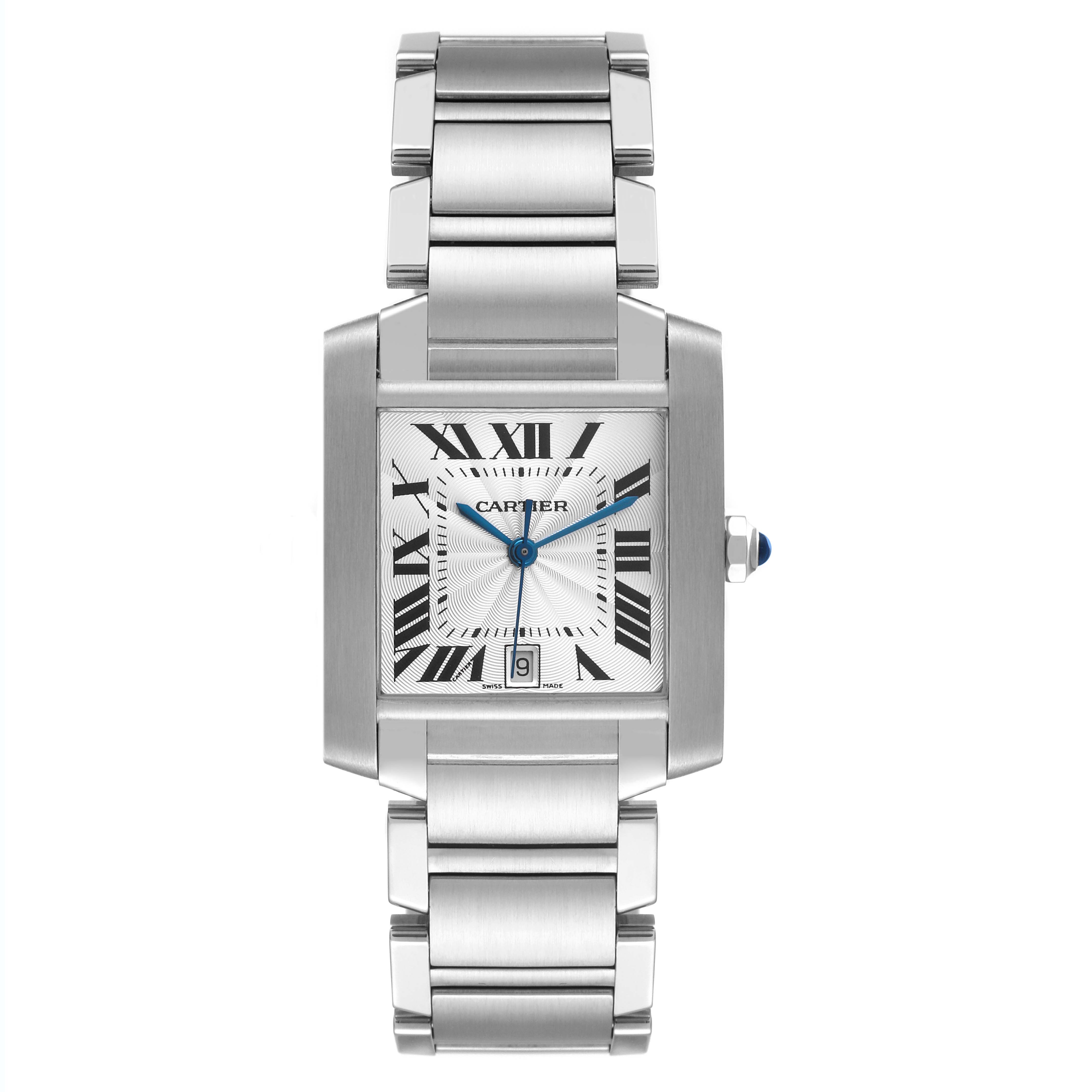 The image shows a Cartier Tank Francaise W51002Q3 Men's Stainless Steel Silver Dial W51002Q3 Men's Stainless Steel Silver Dial watch from a front angle, highlighting its rectangular dial and metal bracelet.