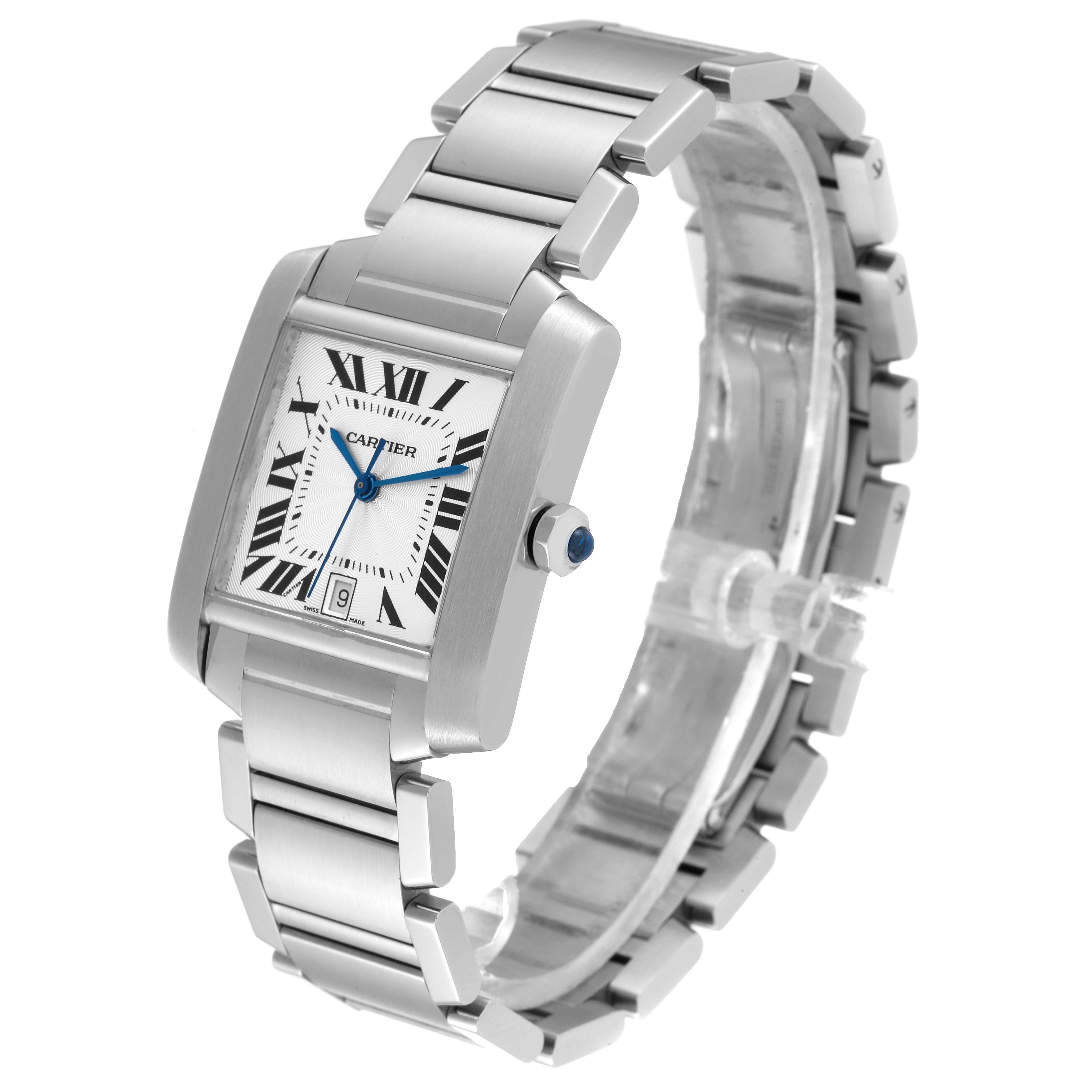 The Cartier Tank Francaise W51002Q3 Men's Stainless Steel Silver Dial W51002Q3 Men's Stainless Steel Silver Dial watch is shown at a three-quarter angle, highlighting its rectangular face, Roman numerals, metal bracelet, and blue cabochon crown.