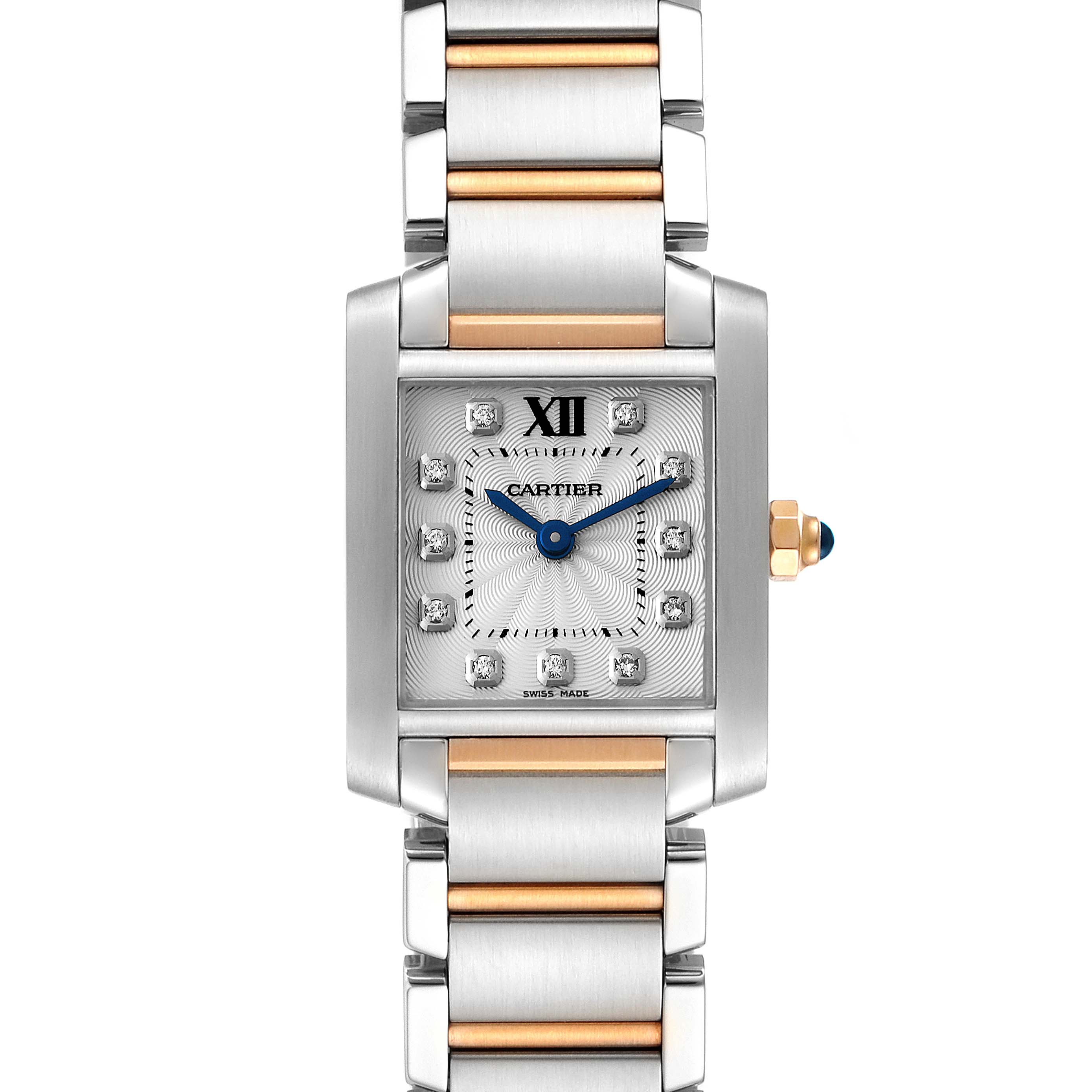 The image shows a Cartier Tank Francaise WE110004 Women's Steel and Gold (two tone) Silver Dial WE110004 Women's Steel and Gold (two tone) Silver Dial watch from a front angle, displaying the dial, blue hands, bracelet, and crown.
