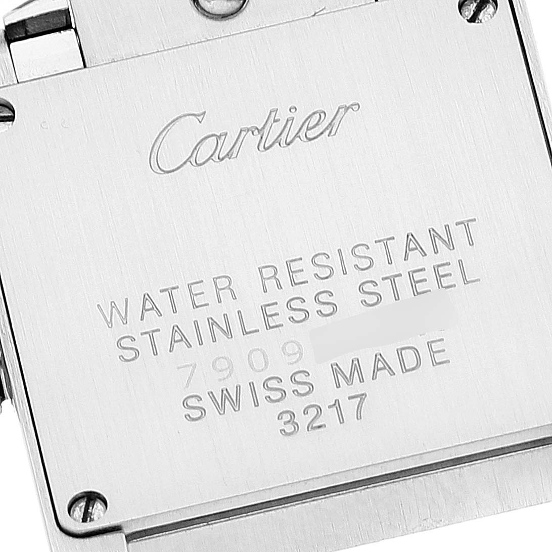 The image shows the back case of the Cartier Tank Francaise WE110004 Women's Steel and Gold (two tone) Silver Dial WE110004 Women's Steel and Gold (two tone) Silver Dial watch, highlighting the water resistance and stainless steel details.