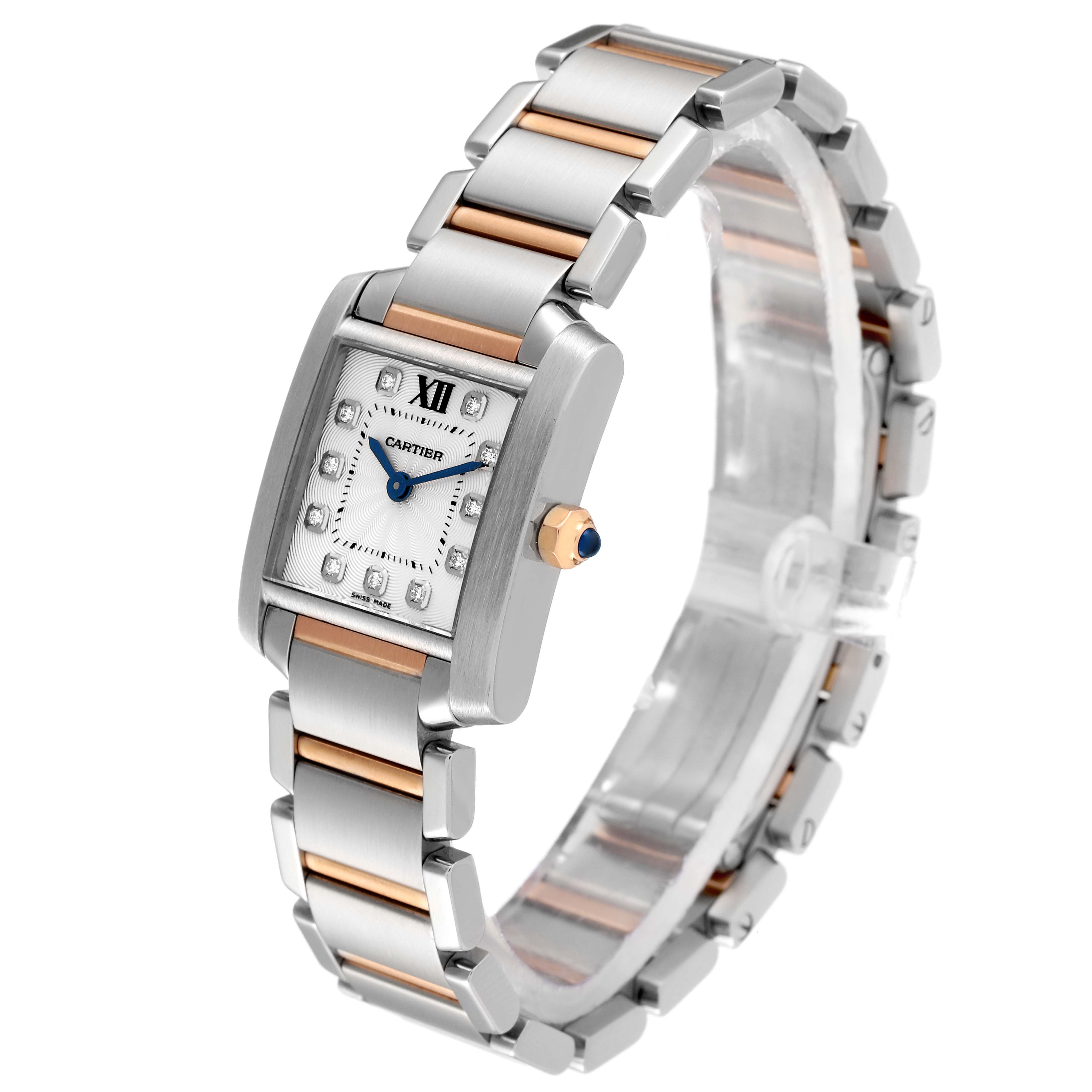 The Cartier Tank Francaise WE110004 Women's Steel and Gold (two tone) Silver Dial WE110004 Women's Steel and Gold (two tone) Silver Dial watch is shown at a three-quarter angle displaying its face, bracelet, and crown.