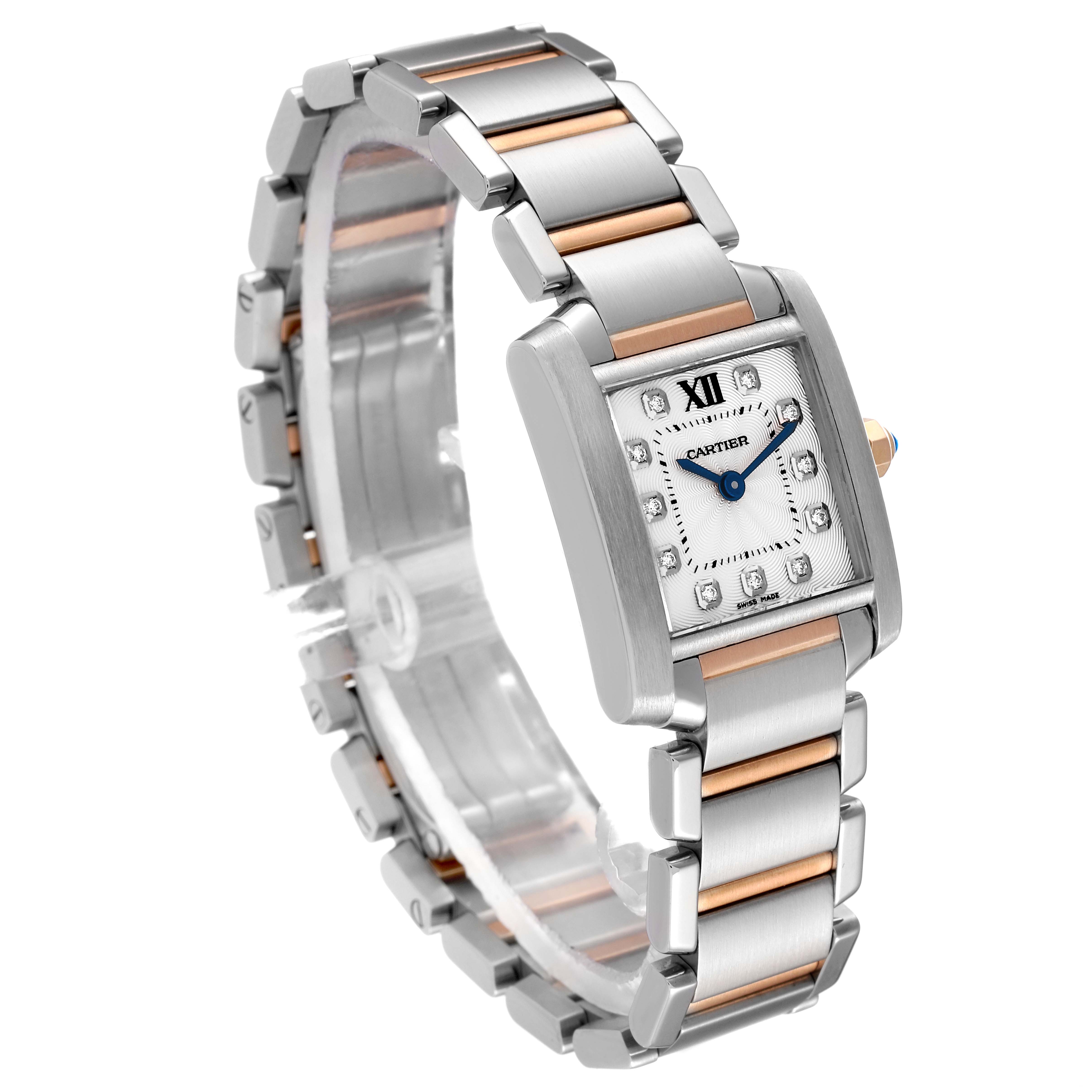 The image shows a angled front and side view of the Cartier Tank Francaise WE110004 Women's Steel and Gold (two tone) Silver Dial WE110004 Women's Steel and Gold (two tone) Silver Dial watch, highlighting its face and bracelet.