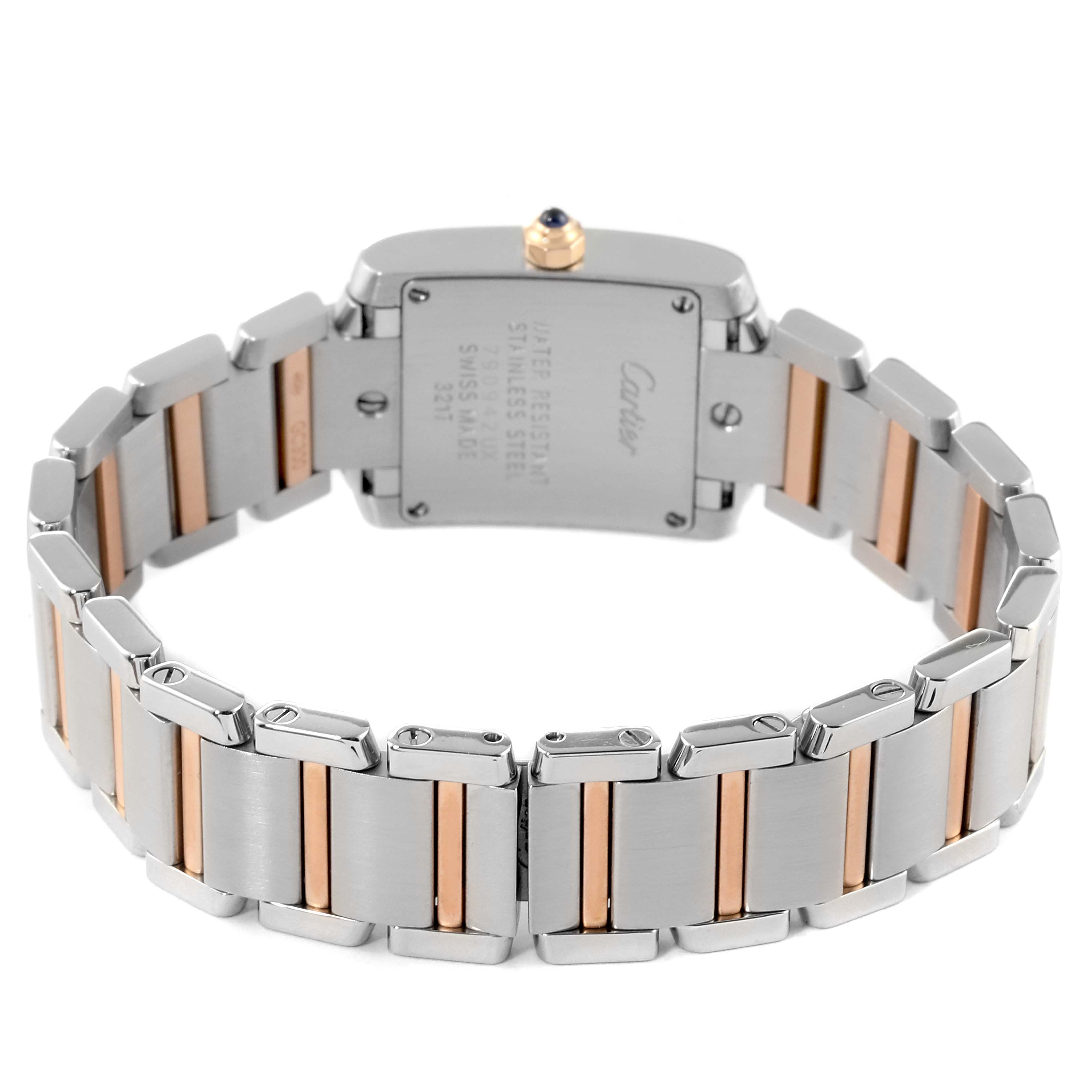 The image shows the back and bracelet of a Cartier Tank Francaise WE110004 Women's Steel and Gold (two tone) Silver Dial WE110004 Women's Steel and Gold (two tone) Silver Dial watch, highlighting its stainless steel and gold links.