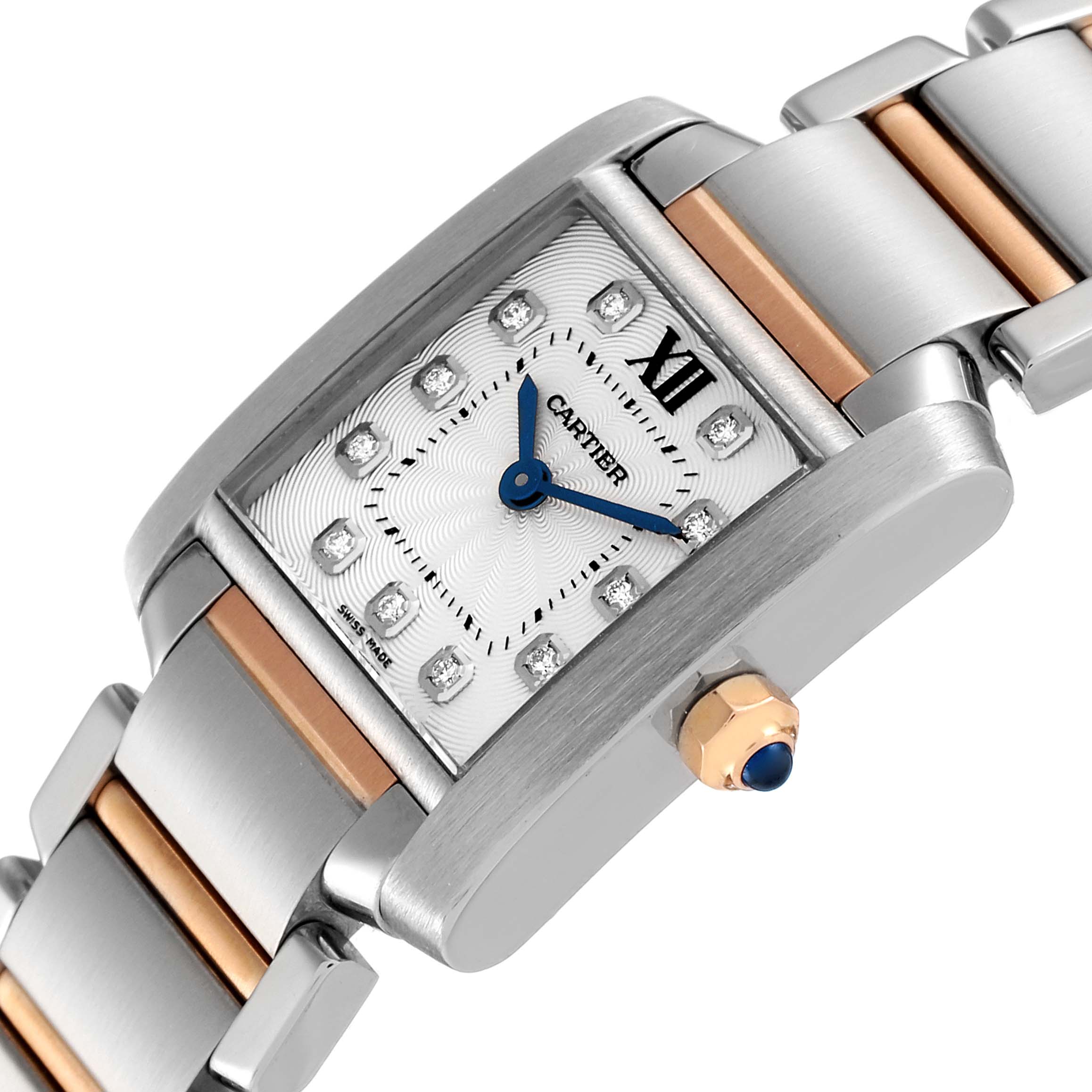 The Cartier Tank Francaise WE110004 Women's Steel and Gold (two tone) Silver Dial WE110004 Women's Steel and Gold (two tone) Silver Dial watch is shown at a tilted angle, highlighting the case, dial, bracelet, and crown.