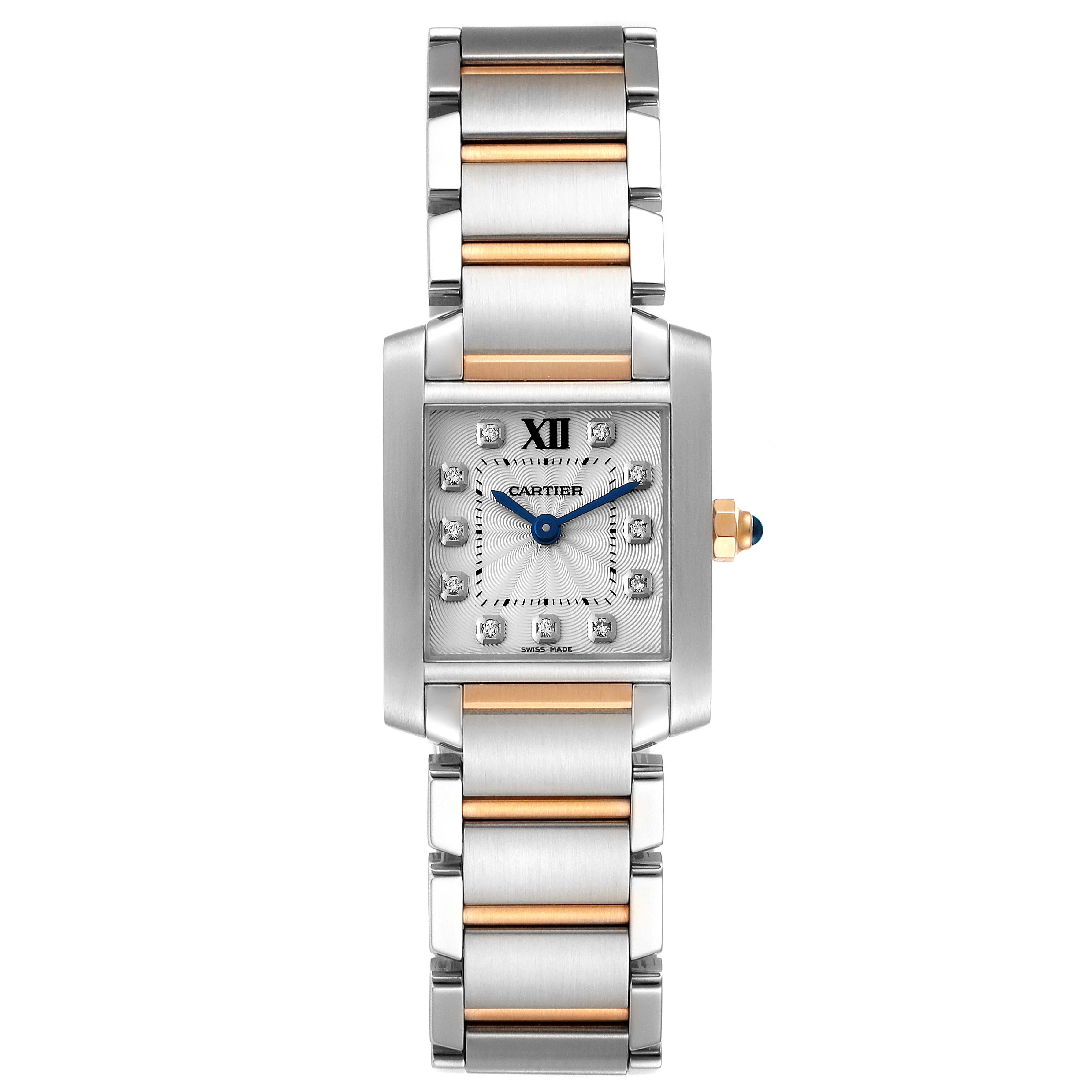 This image shows a front view of the Tank Francaise model by Cartier, highlighting its rectangular dial and gold and silver bracelet.