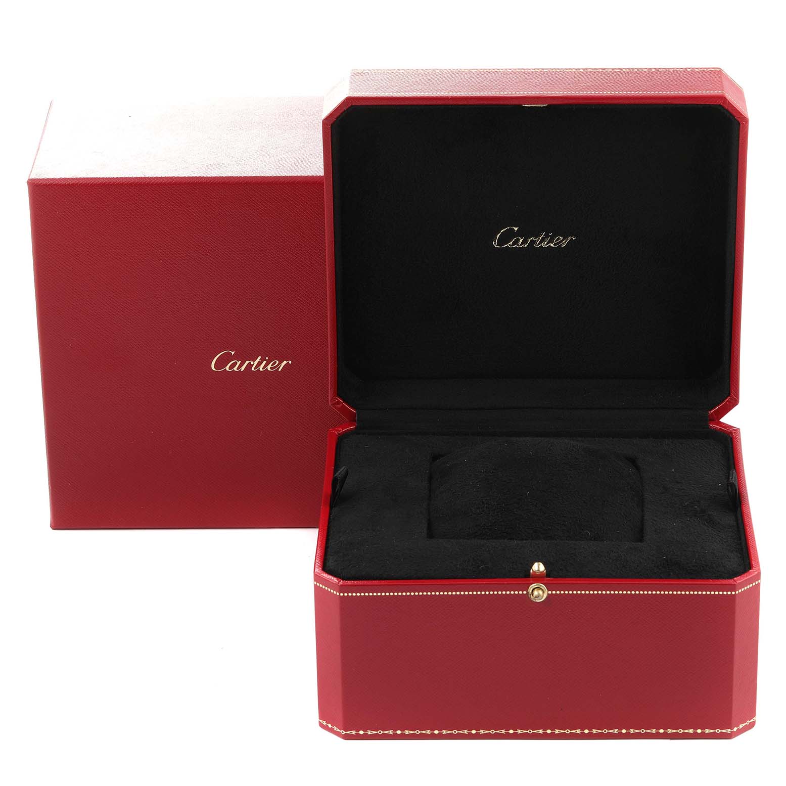 The image shows an open red Cartier box, likely for the Tank Française model watch, with the brand name on the inside lid.