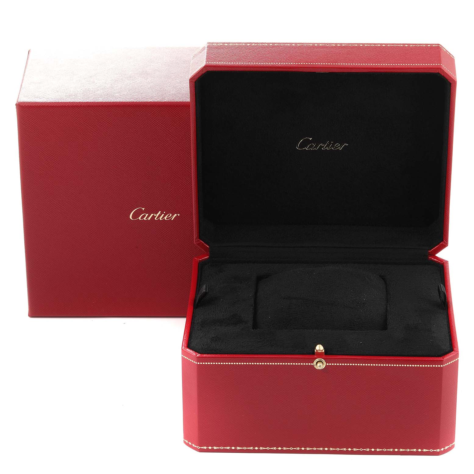 The image shows the Cartier packaging box for the Tank Louis model, standing with the lid open, revealing the plush interior.