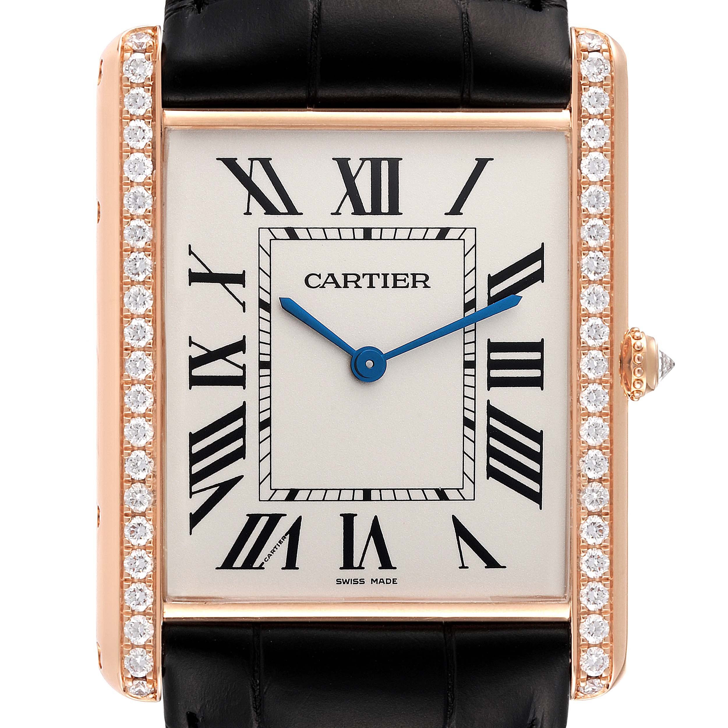 The image shows a frontal view of the Cartier Tank Louis WT200005 Men's Rose Gold Silver Dial WT200005 Men's Rose Gold Silver Dial watch, displaying its rectangular face, Roman numerals, and diamond-studded bezel.