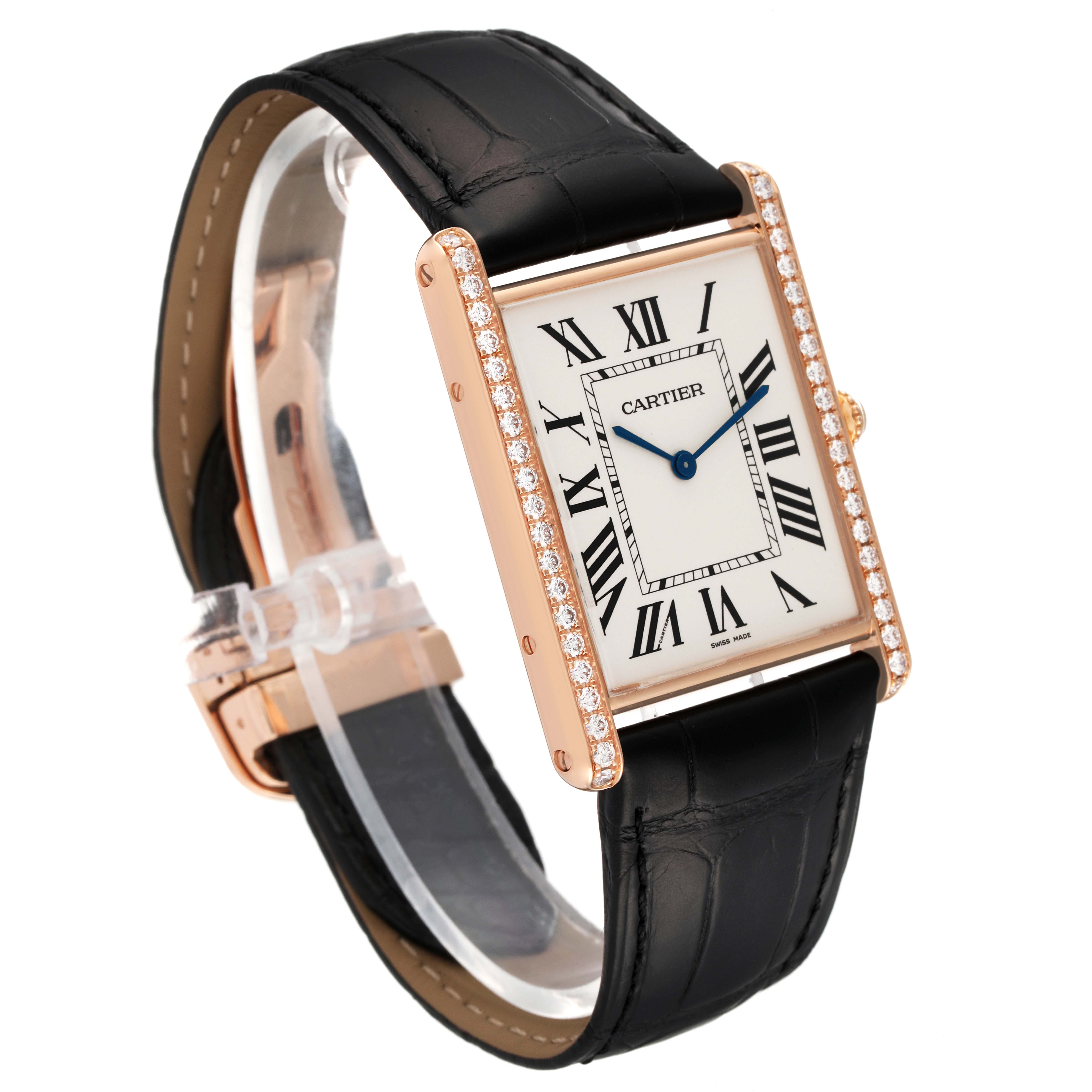 The Cartier Tank Louis WT200005 Men's Rose Gold Silver Dial WT200005 Men's Rose Gold Silver Dial watch is shown at a slight angle, displaying its rectangular face, Roman numerals, leather strap, and diamond accents.
