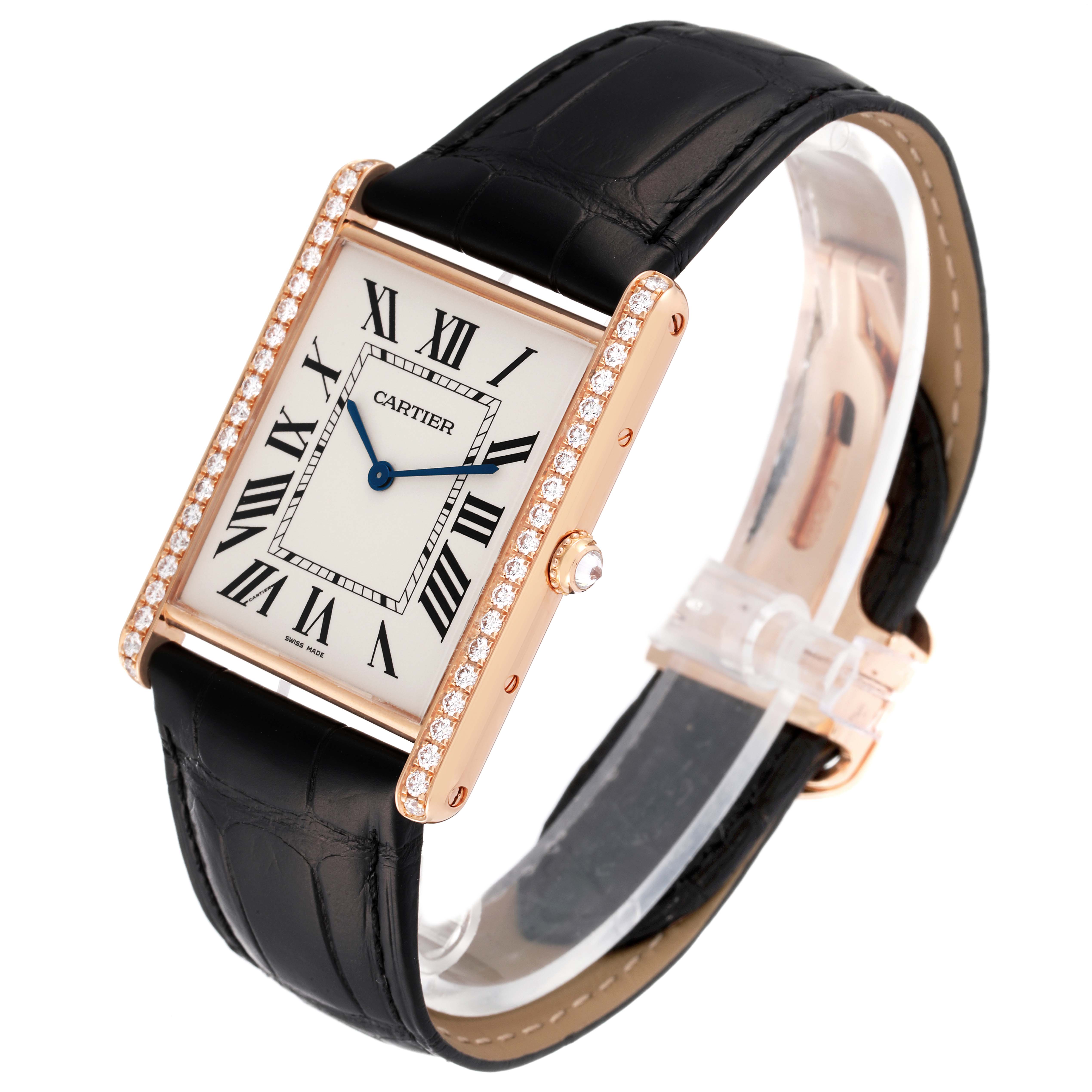 The image shows the Cartier Tank Louis WT200005 Men's Rose Gold Silver Dial WT200005 Men's Rose Gold Silver Dial watch at a three-quarter angle, displaying the face, bezel, and strap.