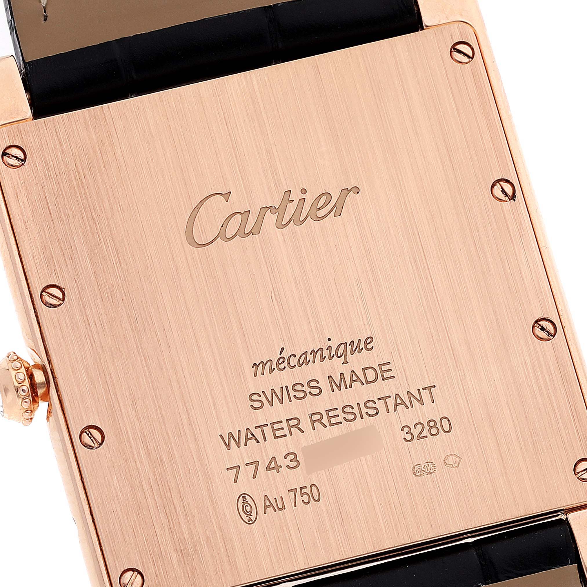 The image shows the back view of the Cartier Tank Louis WT200005 Men's Rose Gold Silver Dial WT200005 Men's Rose Gold Silver Dial watch, highlighting its engravings and details.