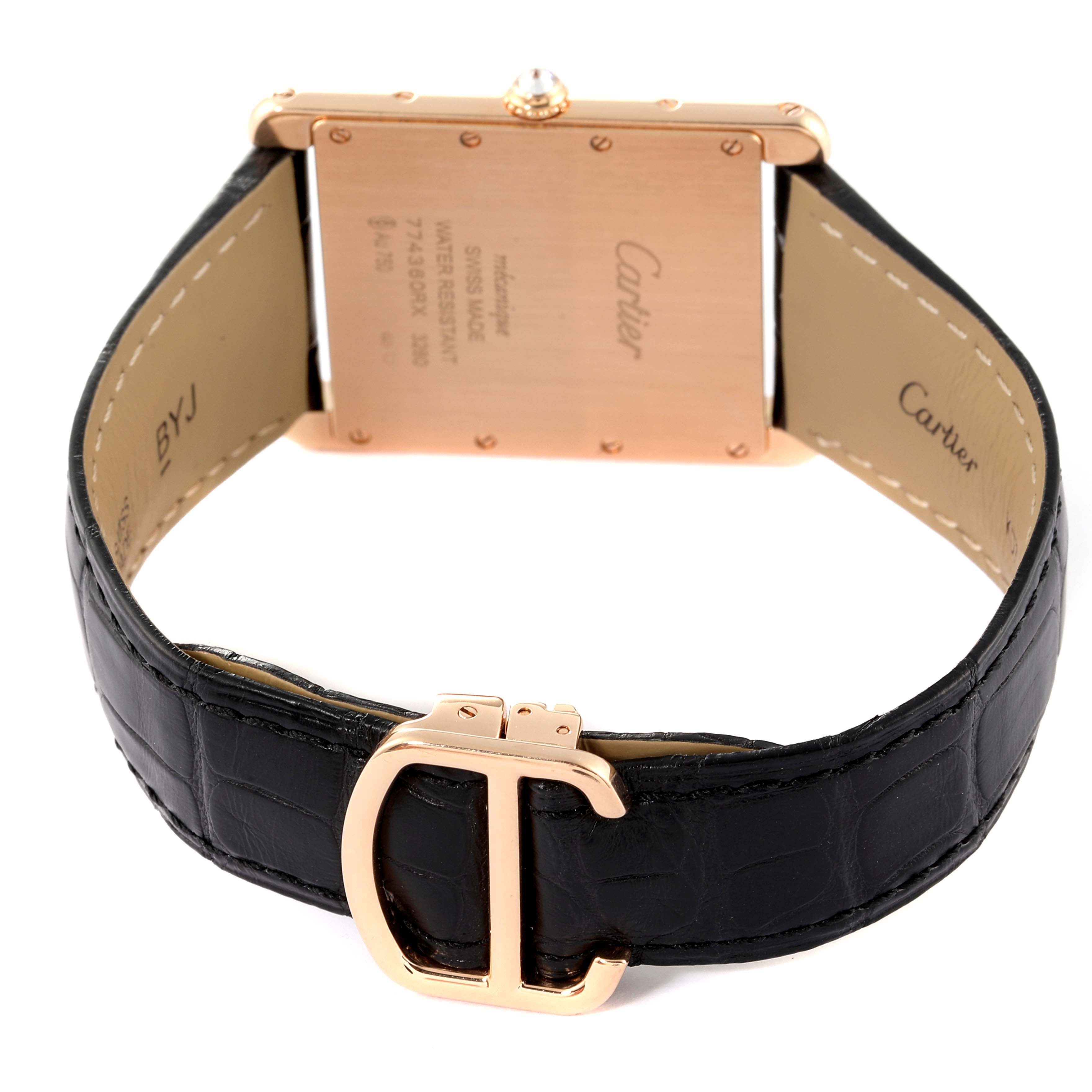 The image shows the backside and strap clasp of the Cartier Tank Louis WT200005 Men's Rose Gold Silver Dial WT200005 Men's Rose Gold Silver Dial watch, highlighting its leather band and gold clasp detailing.