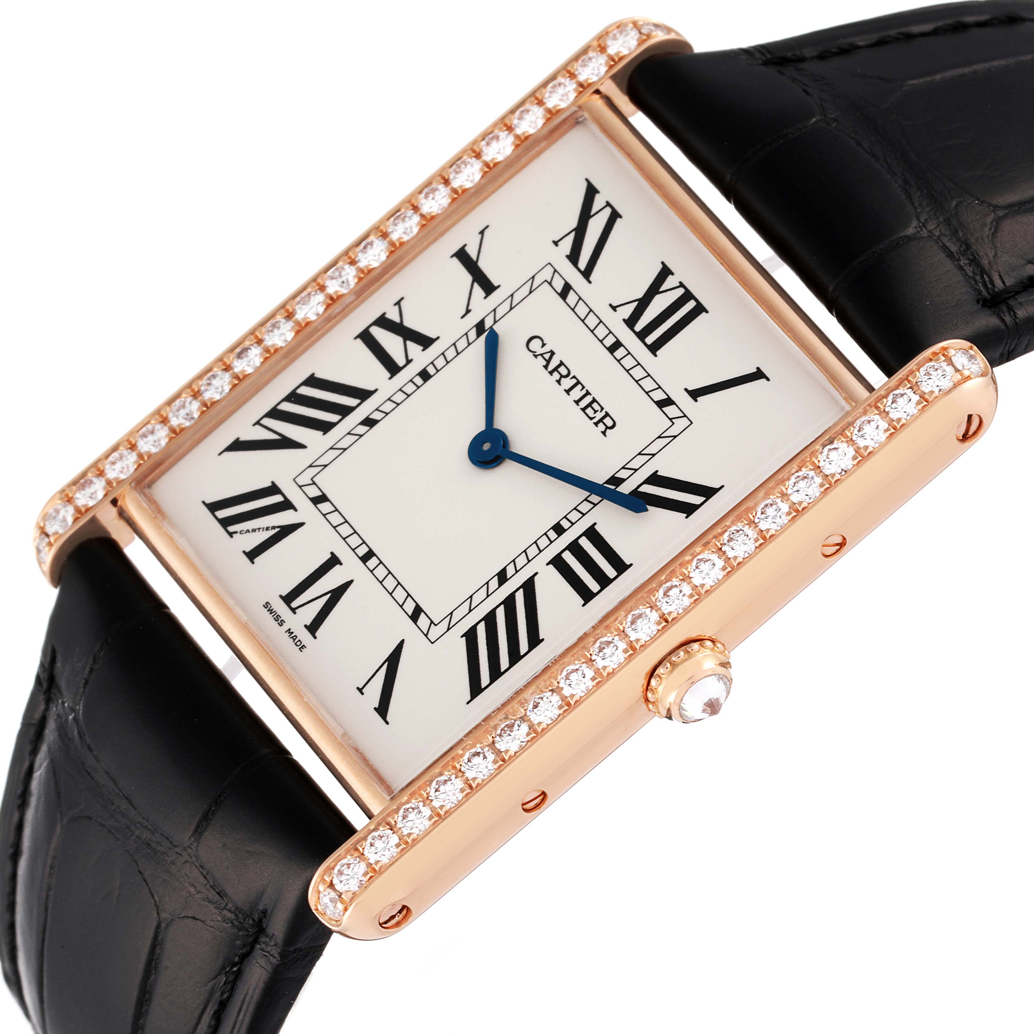 This image showcases a Cartier Tank Louis WT200005 Men's Rose Gold Silver Dial WT200005 Men's Rose Gold Silver Dial watch at an angle, highlighting its diamond-encrusted bezel, black leather strap, and Roman numeral dial.