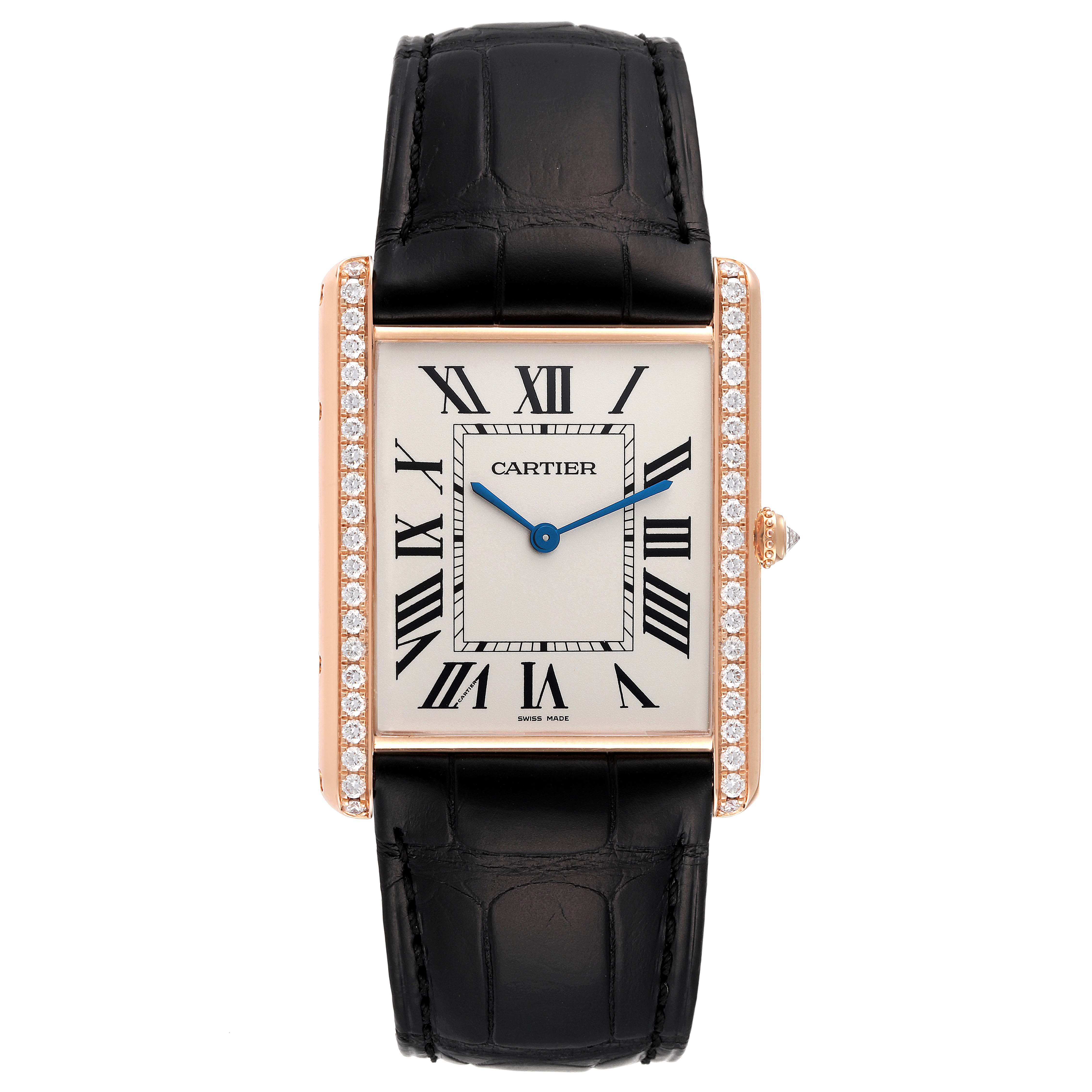 The image shows a front view of the Cartier Tank Louis WT200005 Men's Rose Gold Silver Dial WT200005 Men's Rose Gold Silver Dial watch, highlighting its rectangular case, Roman numeral dial, diamond accents, and leather strap.