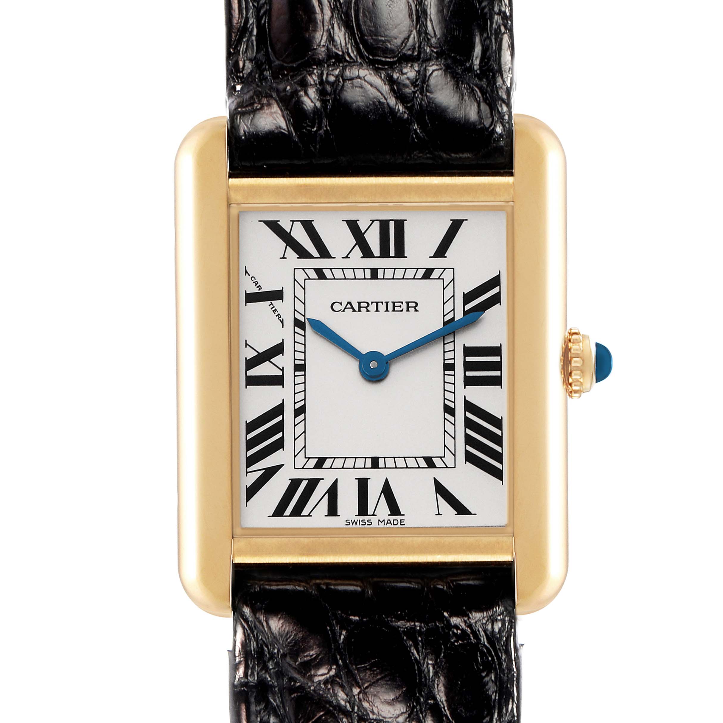 The Cartier Tank Solo W1018755 men's watch is shown from the front, detailing its rectangular face, Roman numerals, blue hands, gold casing, and black leather strap.