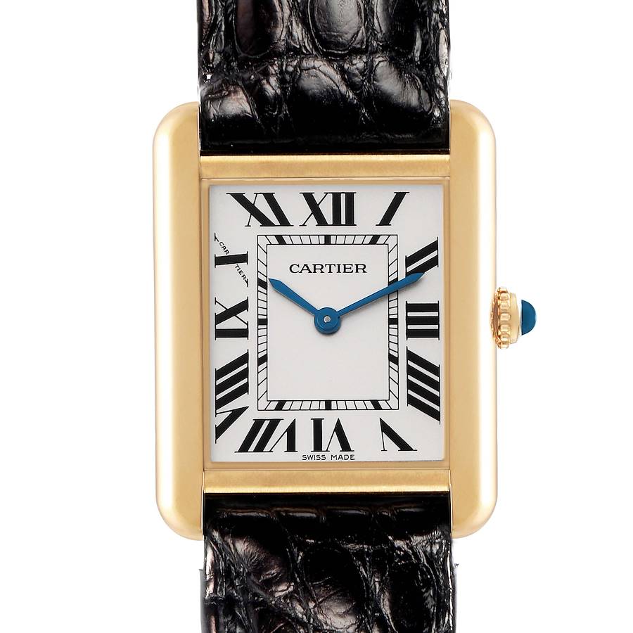 The Cartier Tank Solo W1018755 men's watch is shown from the front, detailing its rectangular face, Roman numerals, blue hands, gold casing, and black leather strap.