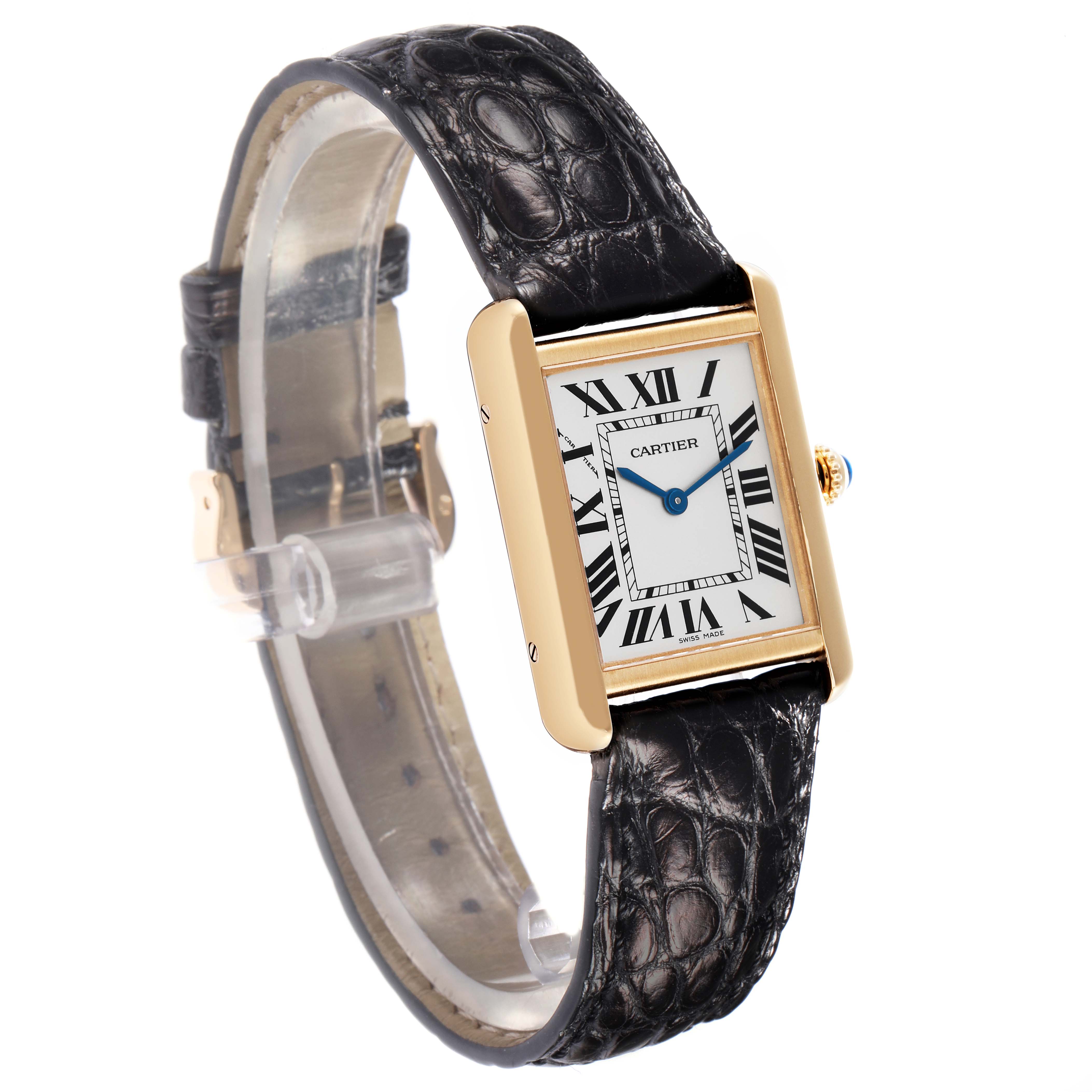 The Cartier Tank Solo W1018755 men's watch is shown at a three-quarter angle, highlighting the rectangular face, Roman numerals, and a leather strap.