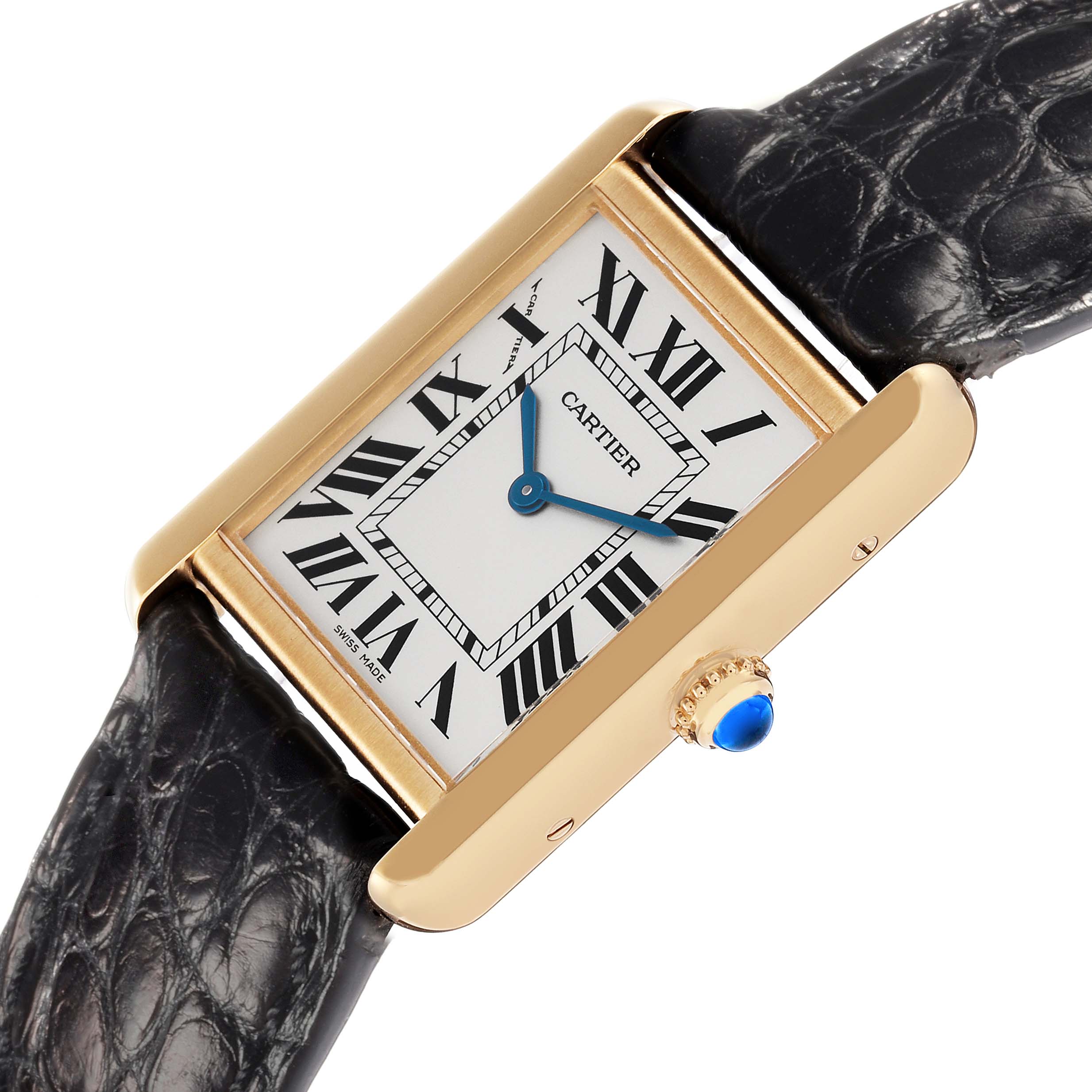 The Cartier Tank Solo W1018755 men's watch is shown at an angled side view, highlighting the gold case, white dial with Roman numerals, and the blue gem crown.